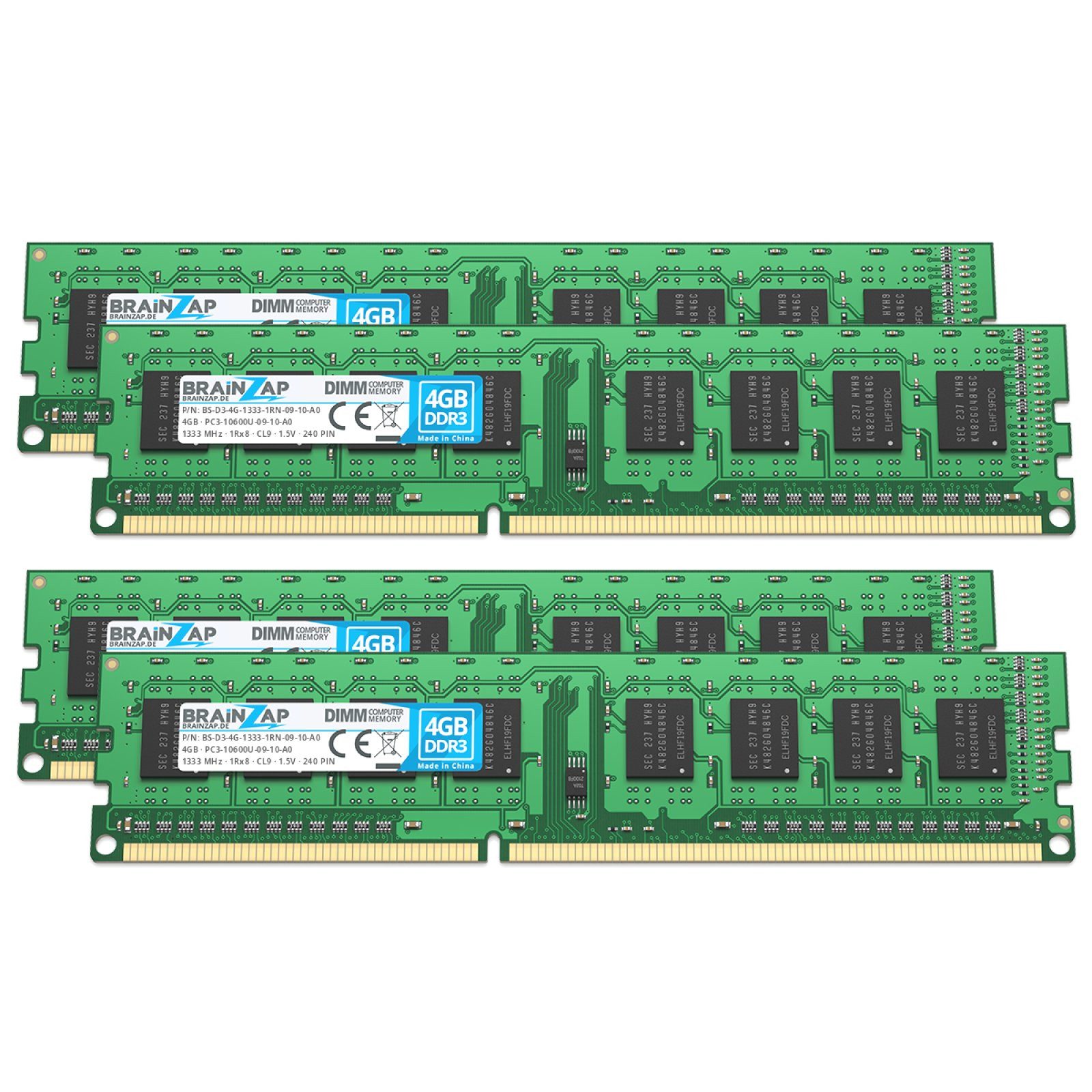 BRAINZAP 16GB (4x 4GB) RAM PC3-10600U-09-10-A0 DIMM PC-Arbeitsspeicher (1333 MHz, CL9, 1Rx8, Non-ECC, Unbuffered, Desktop-PCs - Intel und AMD)