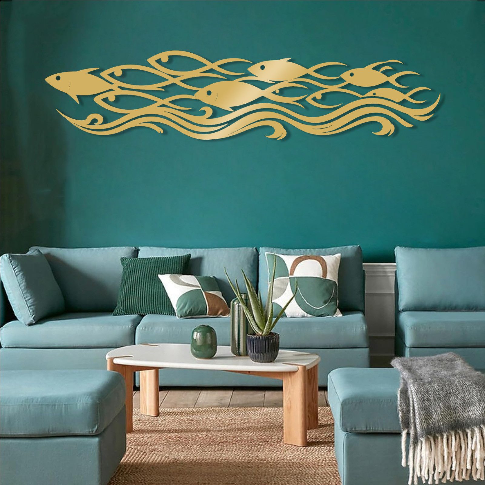 Jumpeak Wanddekoobjekt Wanddekoration mit Meeresfischschwärmen,Wellen,Abstrakten Fischmotiven, Metall, 4 Farben, 5 Größen, Unterwasserwelt, Tribal-Stil, Linienkunst
