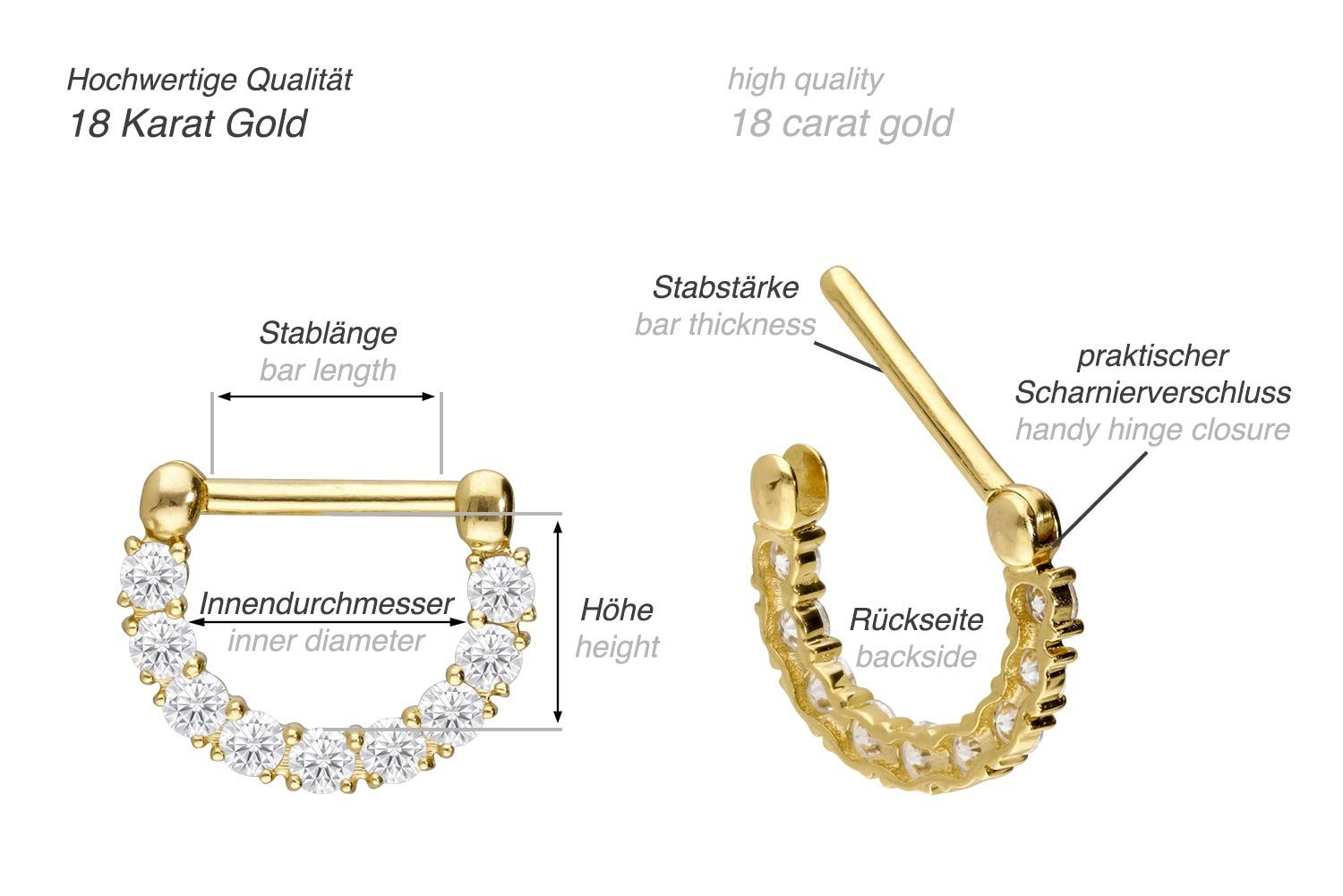 PIERCINGLINE Nasenpiercing 18 Karat Gold Clicker 9 EINGEFASSTE MOISSANITE Ohrpiercing Septum Nase (Clicker, 1-tlg), Ohrpiercing für Conch, Helix, Tragus, Daith, Lobe