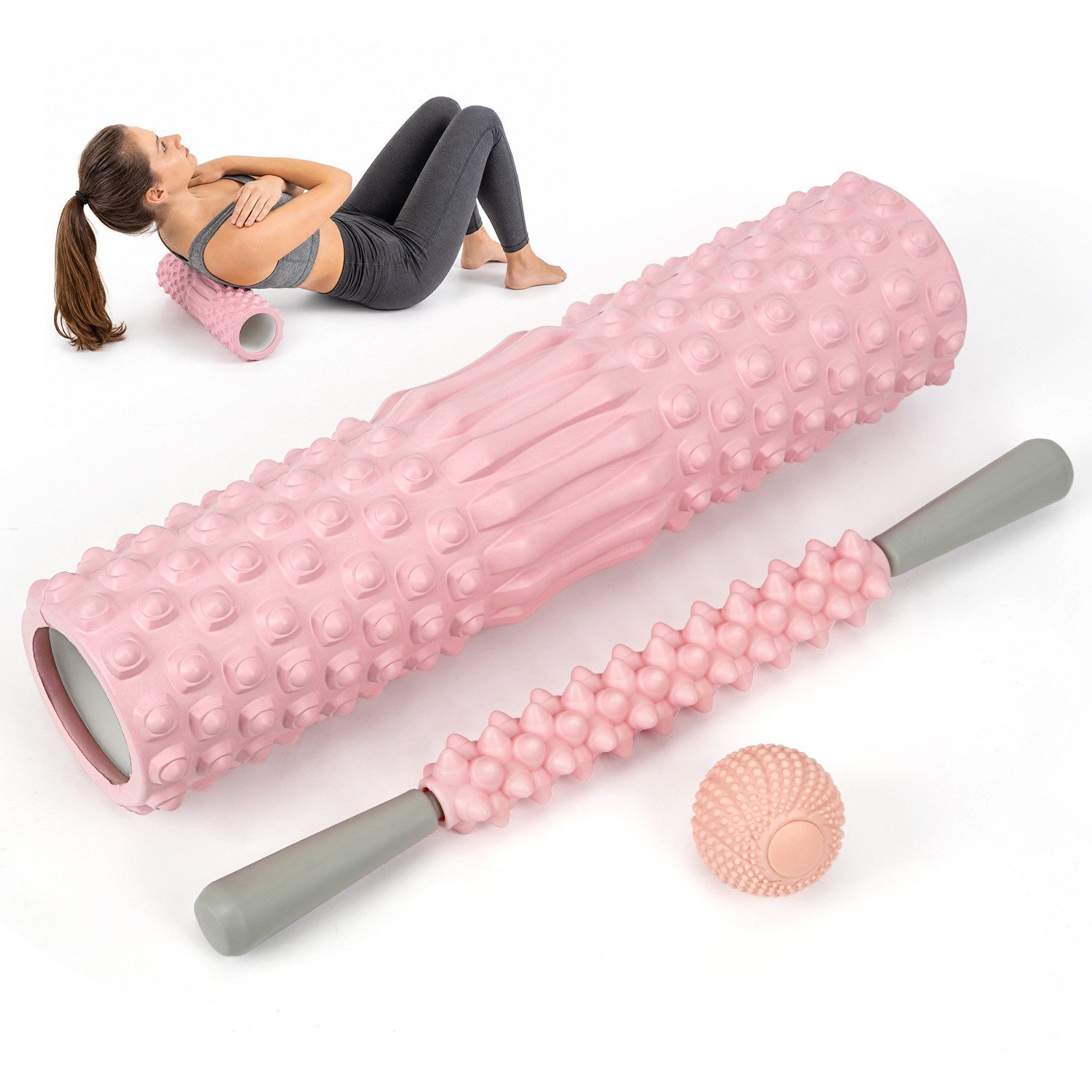 OSTWOLKE Massagerolle 3 in 1 Foam Roller Faszienrolle Sets mit Massageroller Stab, für Yoga Pilates Sport