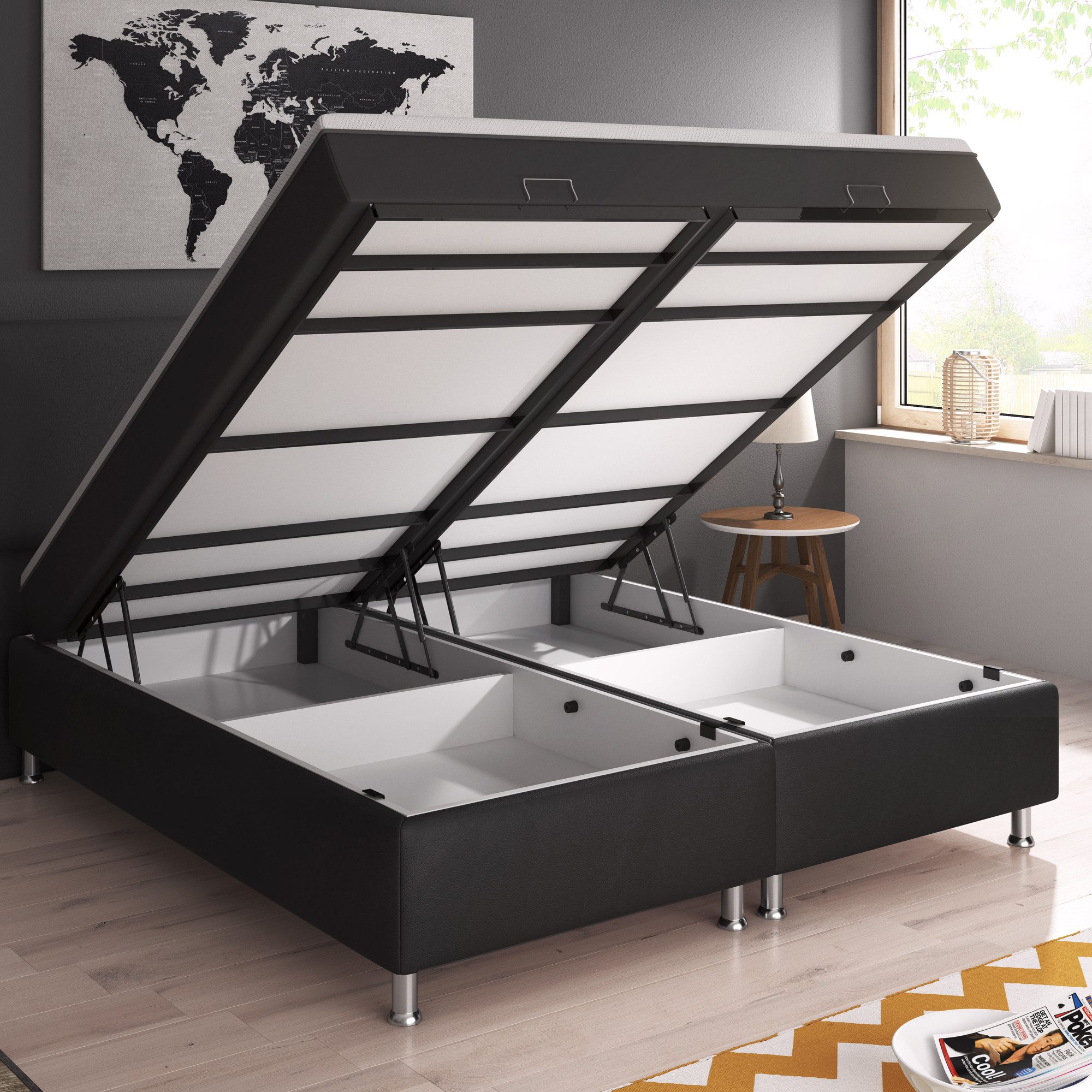 inter Boxspringbett 180x200 cm M-BK mit Bettkasten, Taschenfederkern H3 Topper (Spar-Set, Komplettes Set), SOFORT LIEFERBAR