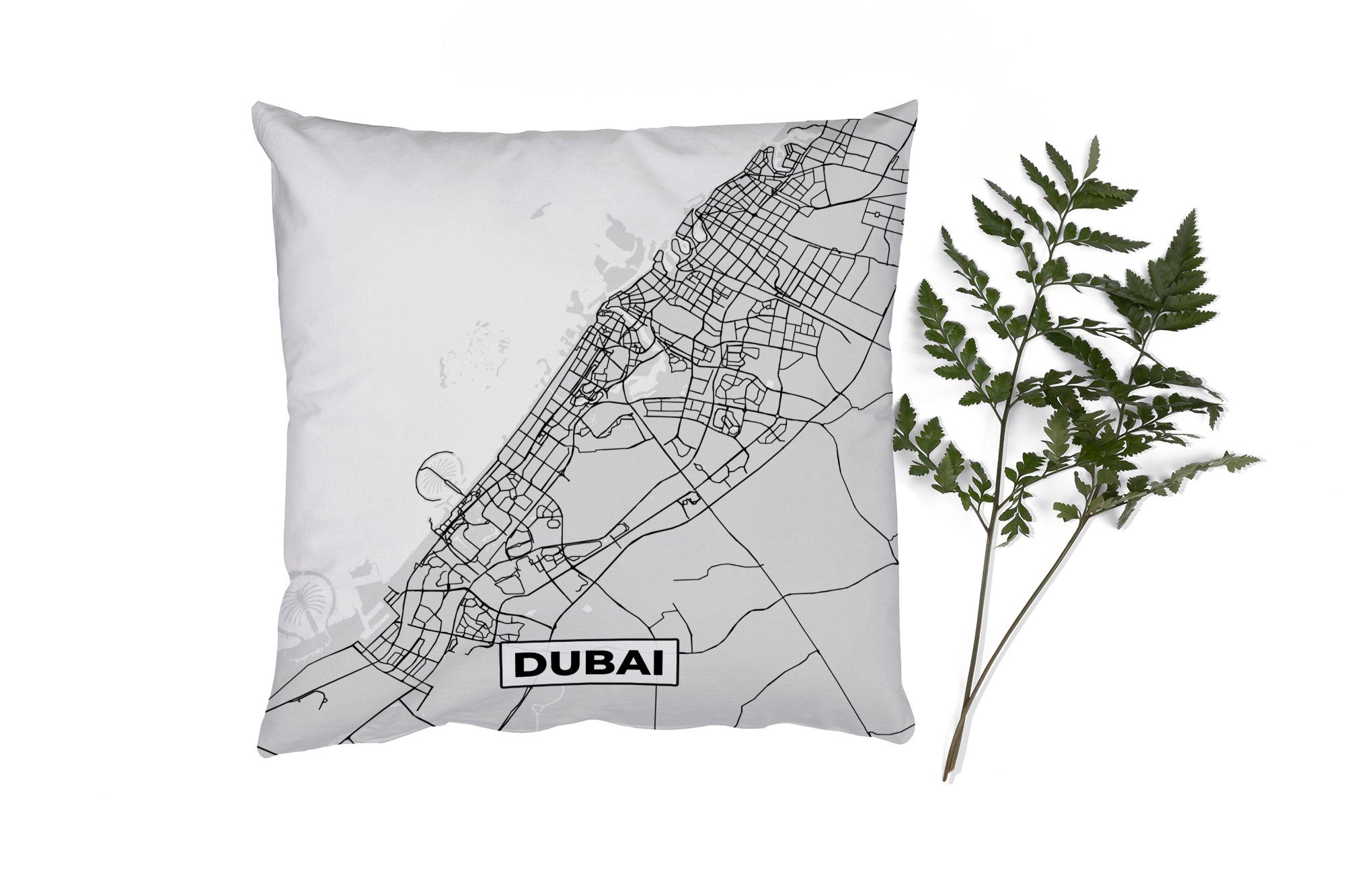 MuchoWow Dekokissen Dubai - Stadtplan - Schwarz und Weiß - Karte, Zierkissen mit Füllung für Wohzimmer, Schlafzimmer, Deko, Sofakissen