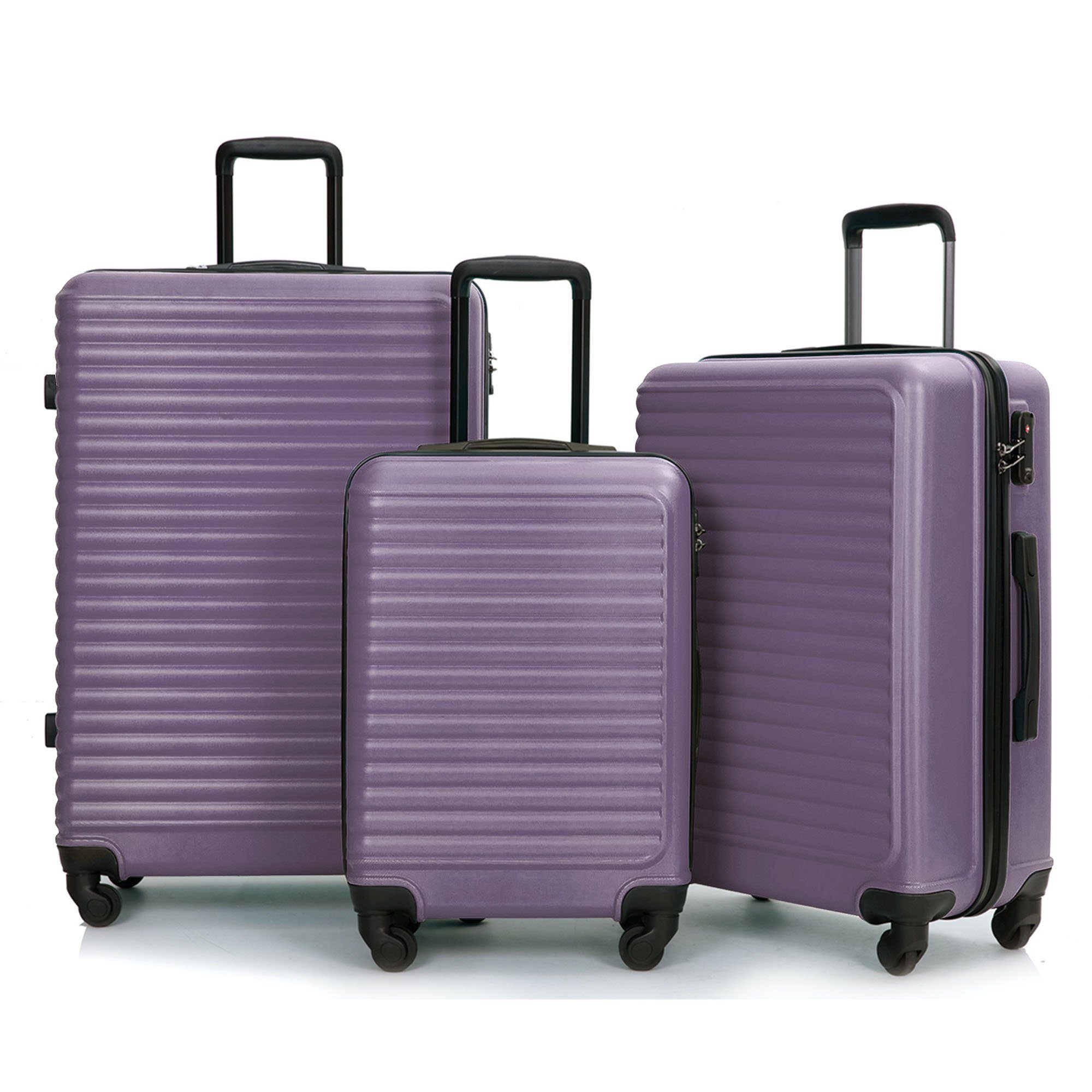 Ulife Trolleyset Kofferset-Reisekoffer, ABS-Material, 4 Rollen, (Set, 3 tlg., Hartschalen-Trolley Set), mit TSA Zollschloss Dunkellila