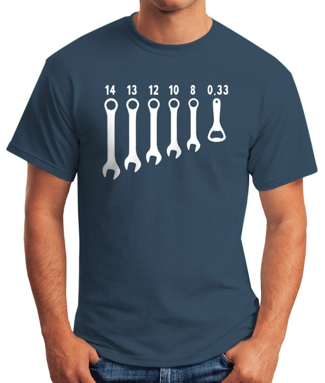 mit MoonWorks Herren Fun-Shirt Print-Shirt Schraubenschlüssel Print Fun-Shirt blau Moonworks® T-Shirt Herren Bieröffner Flaschenöffner