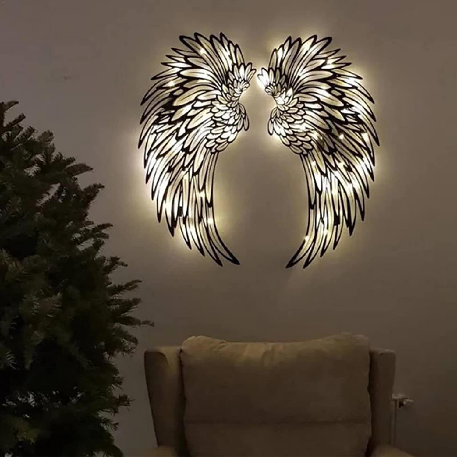 Wanddeko Engel-Dekor, Wanddekoobjekt LED-Leuchten, 35-45cm Welikera mit Engelsflügel Metall