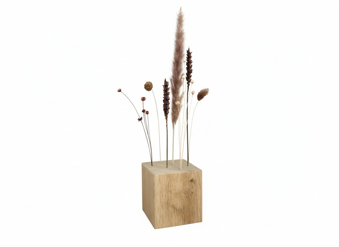 Trockenblume FlowerBar CUBE “GOLD RICHTIG”, Holzwürfel mit Сухоцветы, Eiche, Weizen, Phalaris, Pampasgras, FlowerBar by Сухоцветы-Manufaktur
