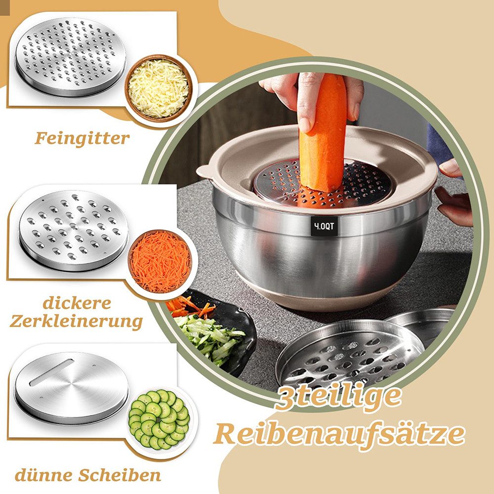 FOUORTUNATE-BEE Salatschüssel Rührschüssel 6er Set, Edelstahl Schüssel Salatschüssel, (mit Luftdichtem Deckel & Silikonboden, 3 Reibenaufsätzen, Schüsselset zum Backen/Servieren, 6.6 L/3.8 L/2.4 L/1.9 L/1.4 L/0.6 L - Khaki)