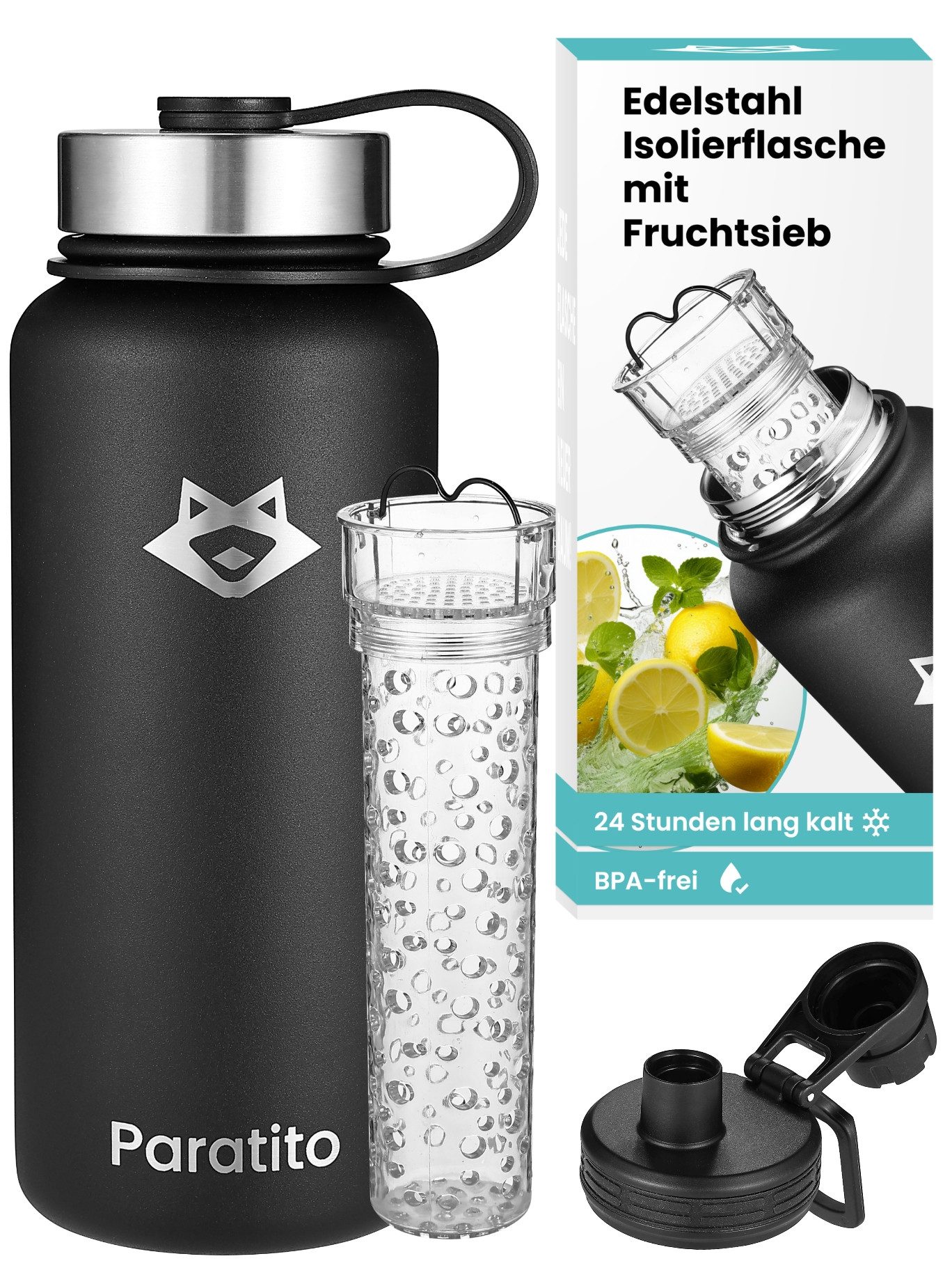 Paratito Isolierflasche Paratito® Edelstahl Isolierflasche mit Fruchtsieb + Drehverschluss, Edelstahl, Tritankunststoff, 1000ml, Drehverschluss, auslaufsicher