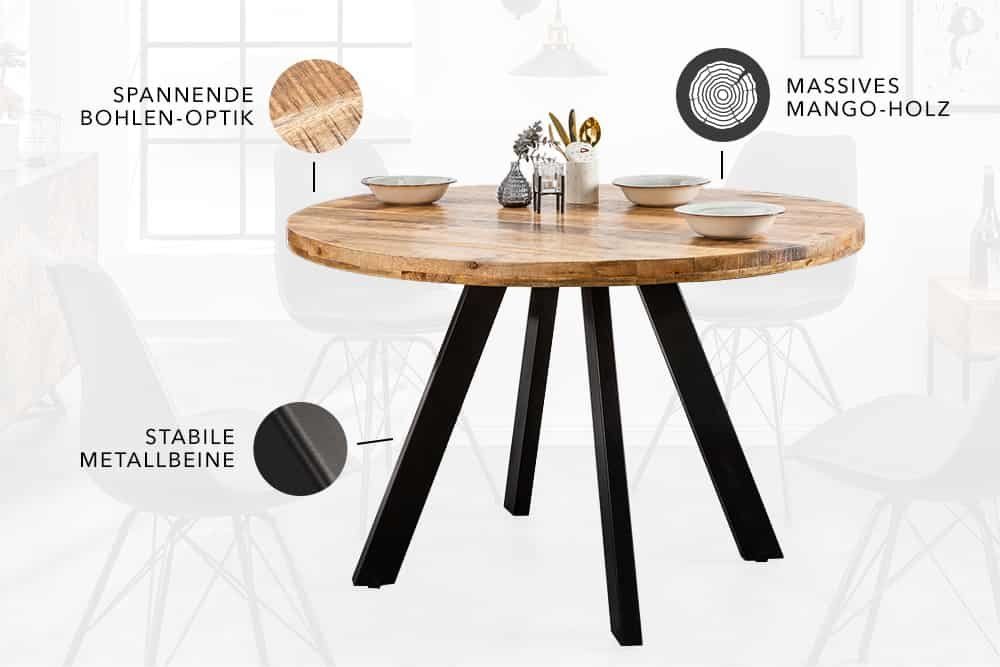 riess-ambiente Esstisch IRON CRAFT 120cm natur/schwarz - Mango-Massivholz, Eisen-Beine, rund, Industrial Design & bis zu 4 Personen – ideal für Dein Loft-Esszimmer