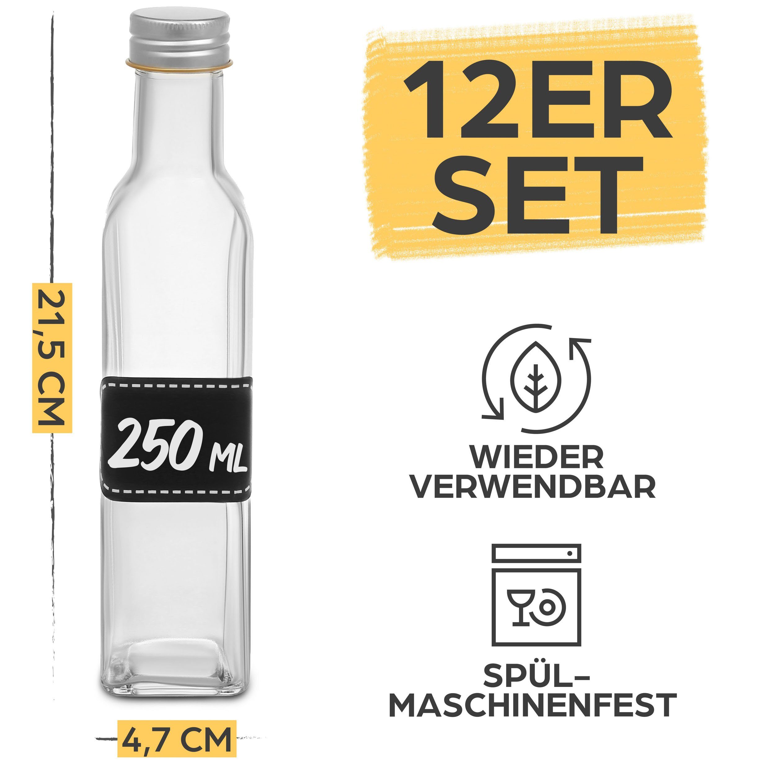 12 250ml, mit 12 schraubverschluss Schraubverschluss Praknu Glasflaschen - - Etiketten Flaschen Stift Leere Trinkflasche