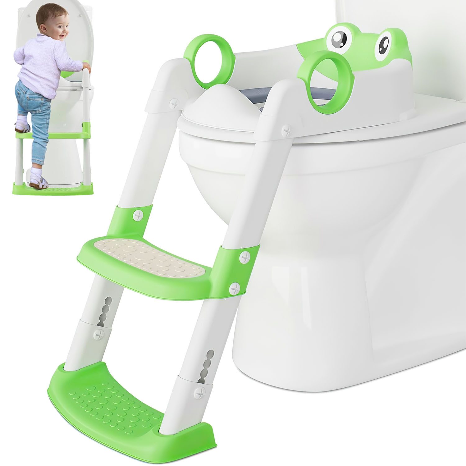 HEYHIPPO Toilet Trainer Children's Toilet Seat with Steps, Non-Slip, PU Upholstery, Foldable, Children's Toilet Trainer, Non-Slip, Ergonomic, Grey-Green, 59x38x34cm
