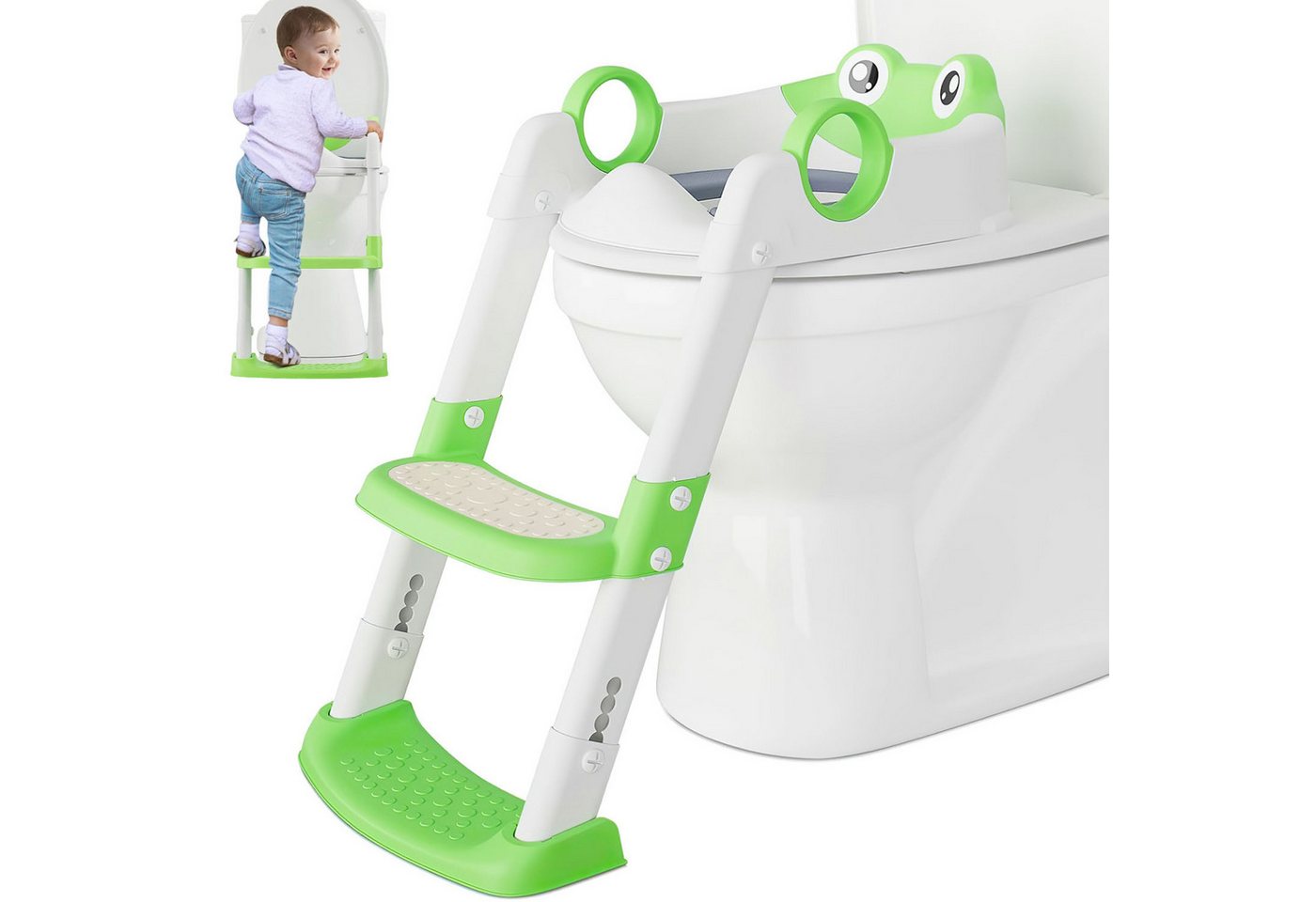 HEYHIPPO Toilettentrainer Kinder-Toilettensitz mit Treppe, rutschfest, PU-Polster, klappbar, Kinder-Toilettentrainer,rutschfest, ergonomisch,graugrün,59x38x34cm