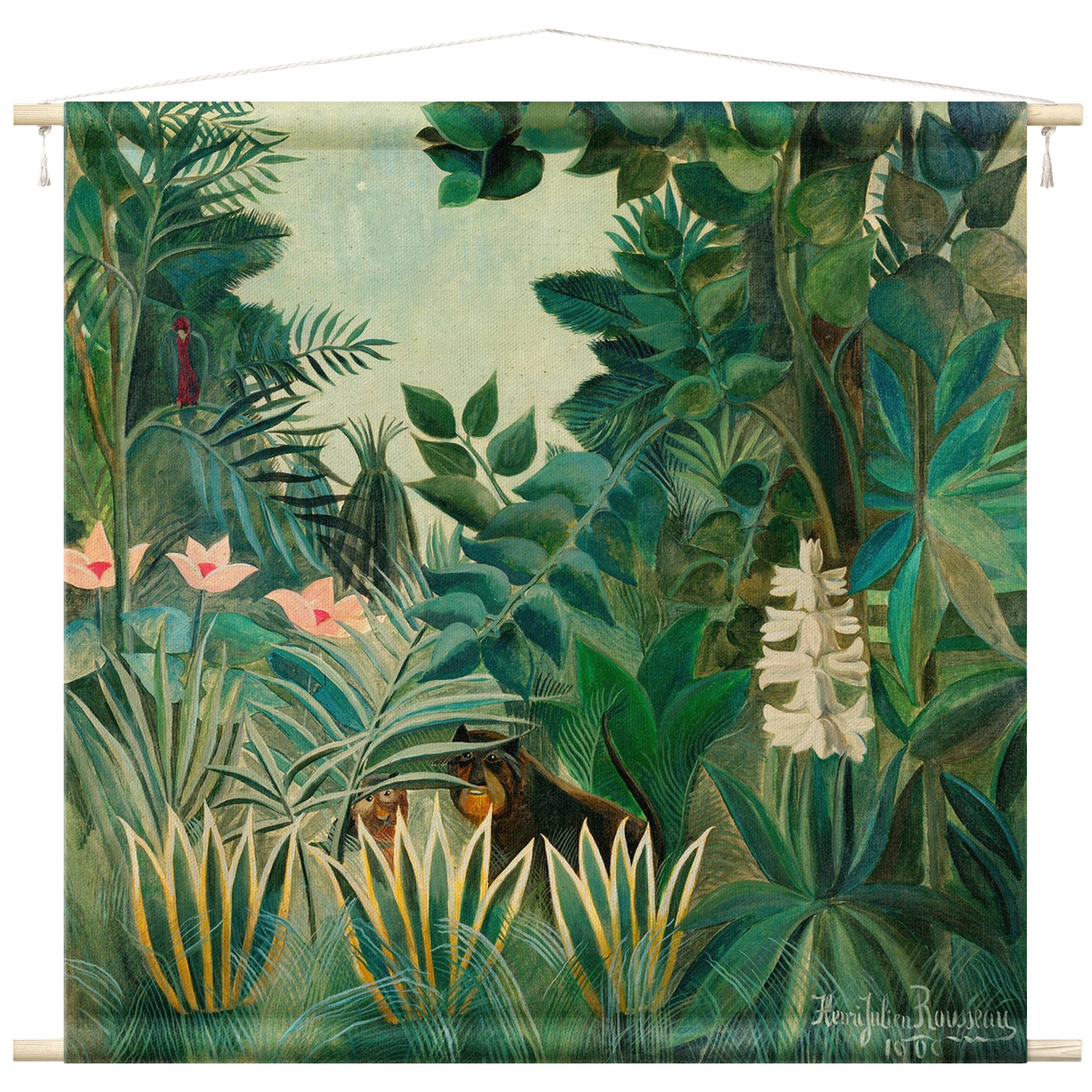 Bilderdepot24 Wandteppich Tropisch Henri Rousseau - Dschungel am Äquator türkis, quadratisch, Höhe: 2.6 mm, großes Wandbild aus Natur-Baumwolle Wandbehang Stoffbild Tuch Wollseil