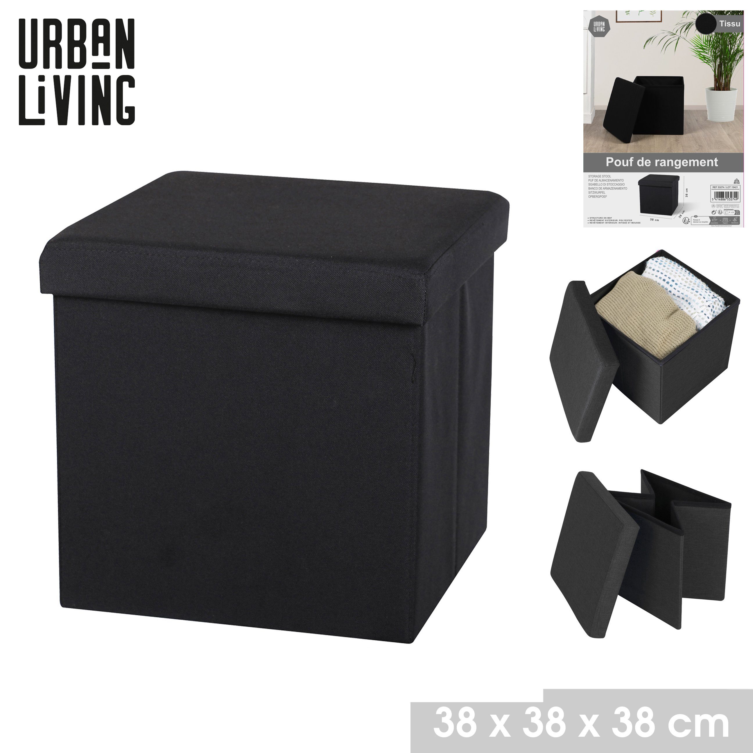 Urban Living Sitzwürfel Sitzhocker Sitzwürfel mit Tissu, Sitzkomfort hoher schwarz Aufbewahrungsbox Stauraumfach