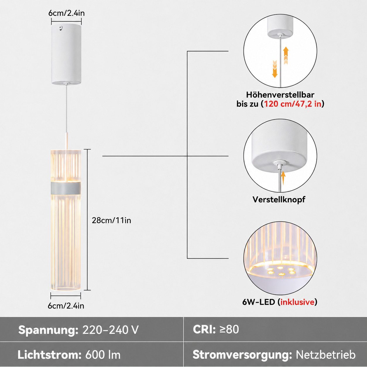 BlingBin Pendelleuchte LED-Pendelleuchte, 1-flammig, 6 W, 600 lm, 3 Lichtfarben mit Memoryfunktion, LED fest integriert, Neutralweiß, Warmweiß, Tageslichtweiß, höhenverstellbare Hängelampe aus Acryl und Metall, Weiß