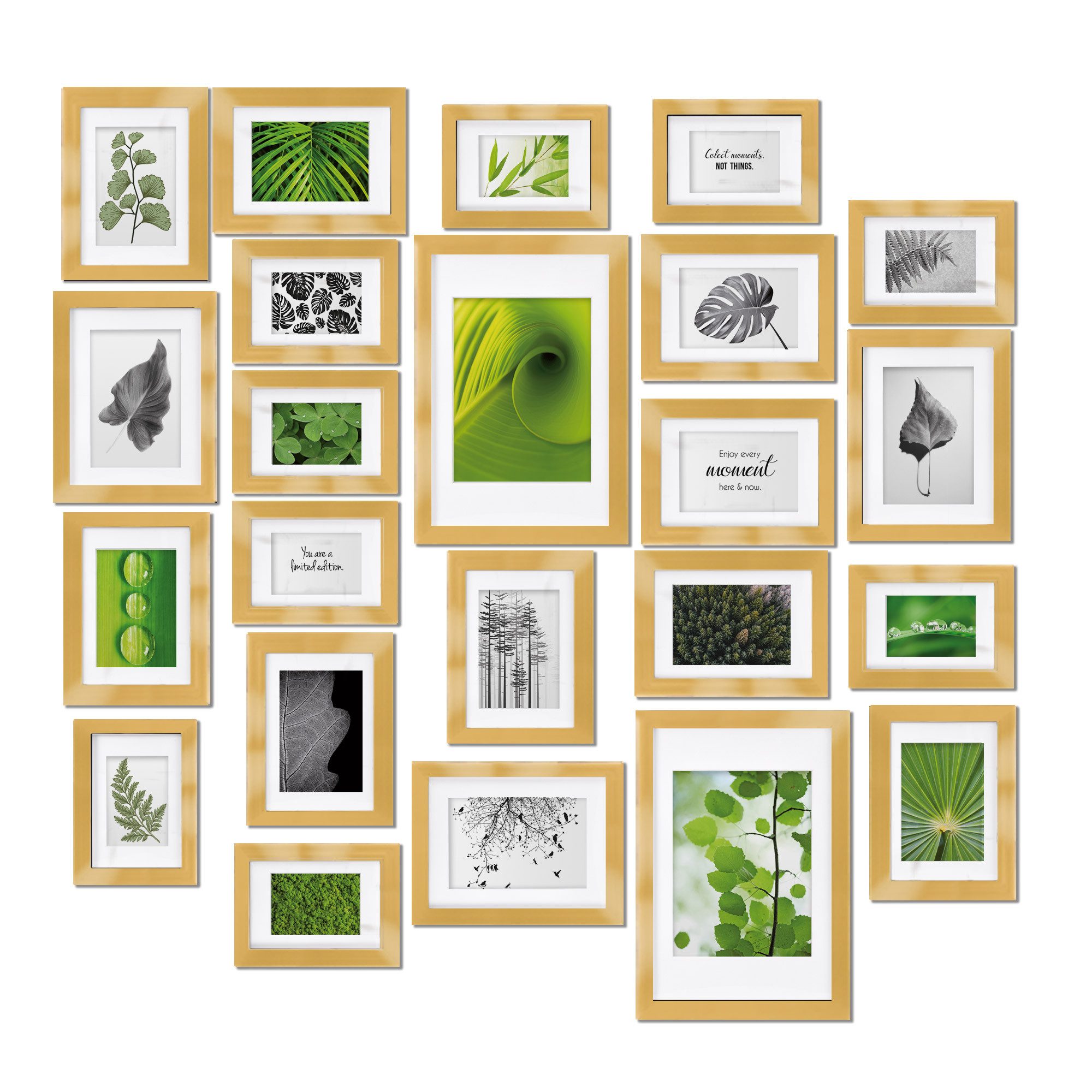 bomoe Bilderrahmen 24er Bilderrahmen Set Nature Fotorahmen Collage, Gold, 10x 10x15 cm, 8x 13x18 cm, 4x 15x20 cm, 2x 20x30 cm mit Passepartout