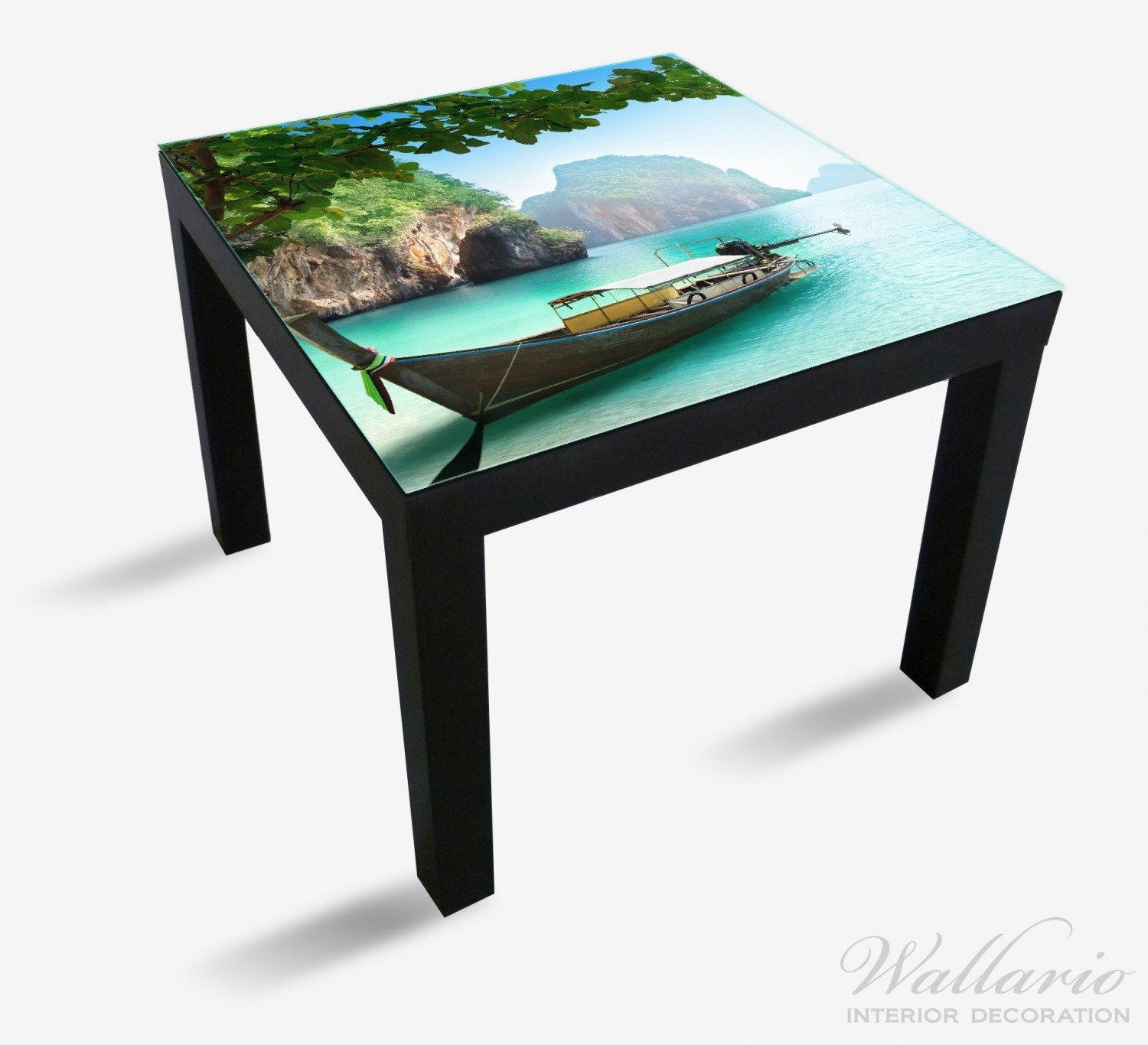 Wallario Tischplatte und Steinfelsen Thailand Meer Lack (1 in Fischerboot für Ikea geeignet St), blaues Tisch