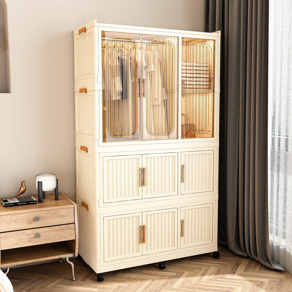 Odikalo Kleiderschrank DIY Kombischrank,Faltbarer Kunststoff-Garderobe mit 9 Magnet-Türen (mit 2 Kleiderstangen, 6 feststellbaren Lenkrollen, inkl. 6 Kleiderbügel, großer Stauraum für Schlafzimmer, Mietwohnung, Kinderzimmer)