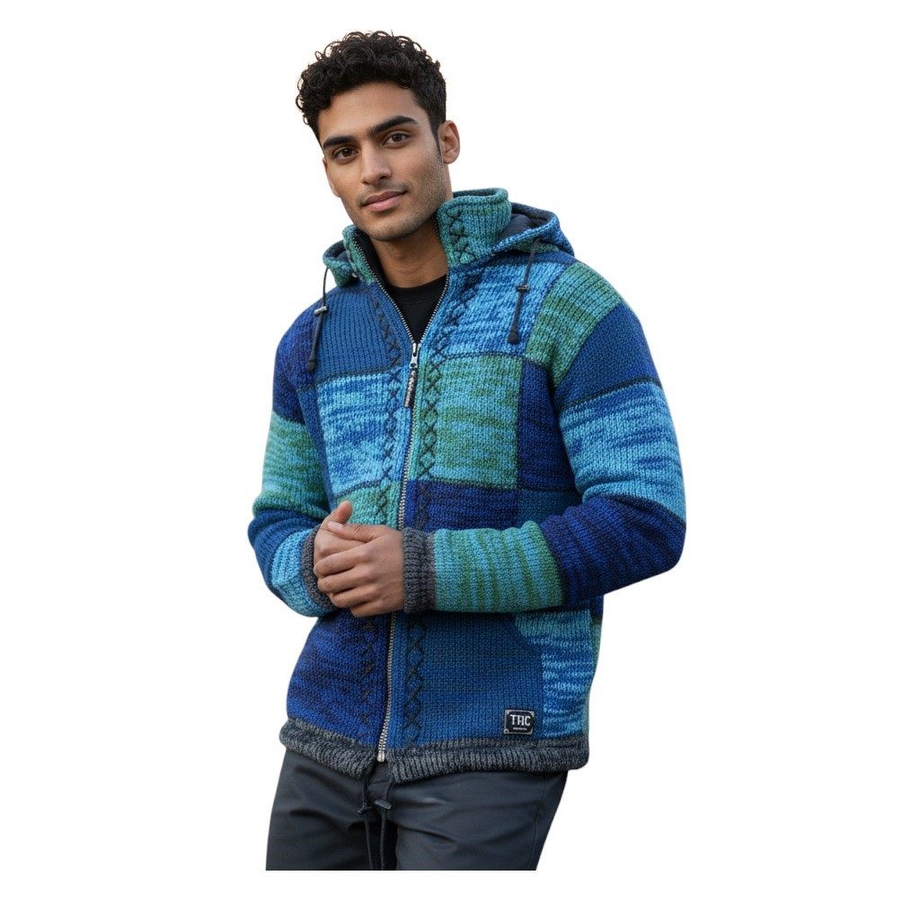 THC Natural Line Strickjacke THC Schafwollstrickjacke blaue Quadrate 806 (1 Stück, 1-tlg., 1 Stück) Strickjacke mit abnehmbarer Kapuze
