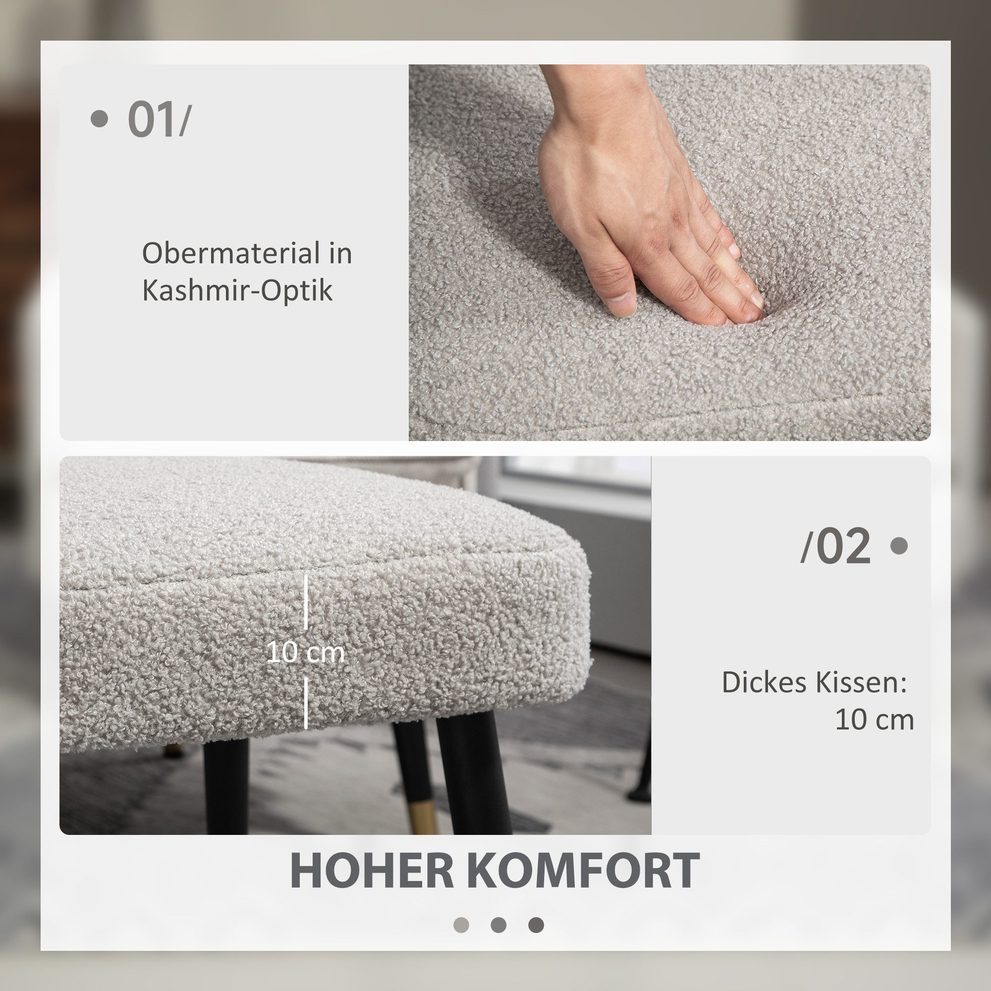 HOMCOM Fußhocker Hocker mit weichem Sitzkissen, Stahlbeinen, Polsterhocker Ottoman (Hocker, 1 St., Sitzhocker), für Schlafzimmer, Stahlbeine, Hellgrau – Bild 4 von 5