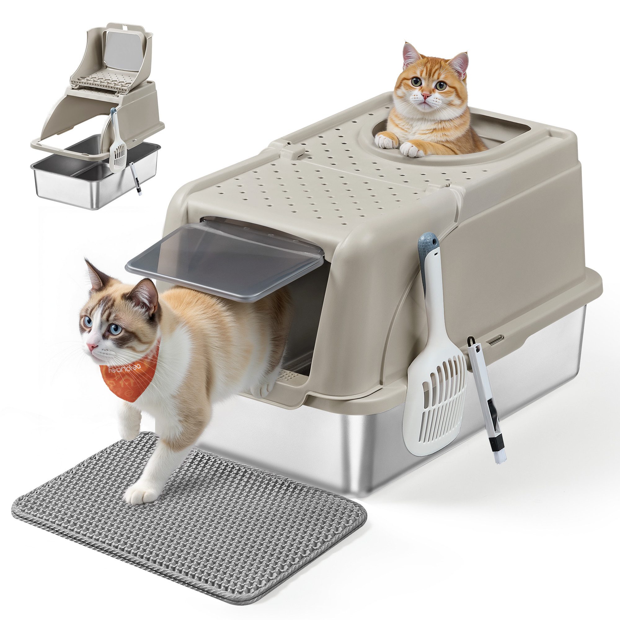 FEANDREA Katzentoilette, Edelstahl, XL, mit Deckel, 2 Eingängen günstig online kaufen