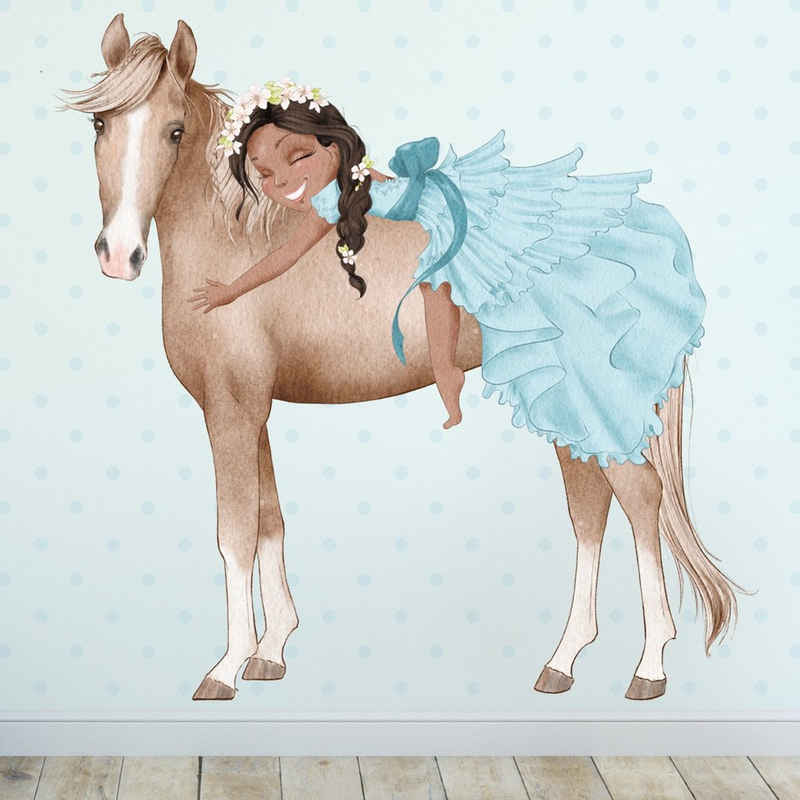 Sunnywall Wandtattoo Prinzessin Mädchen auf Pferd, Wandaufkleber Kinderzimmer, Pferde, selbstklebend, rückstandslos entfernbar
