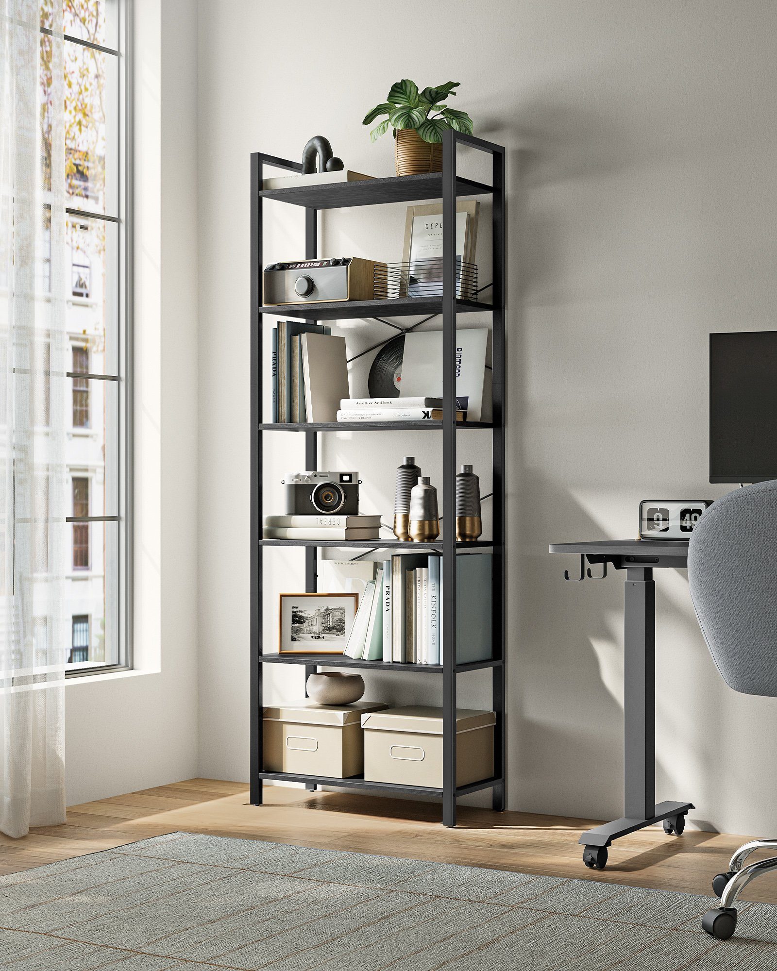 VASAGLE Bücherregal Standregal, DVD-Regal, Büroregal, Büro, Wohnzimmer, Schlafzimmer, Flur, mit 6 Ebenen, offene Ablagen, 66 x 186 x 30 cm, Industrie-Design