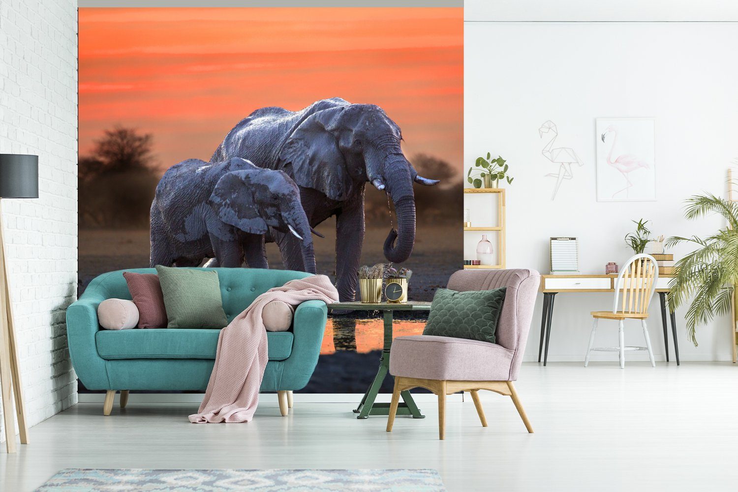 (4 Wohnzimmer Fototapete Orange, - Wasser - Küche, für bedruckt, Tiere - - Matt, Fototapete St), Schlafzimmer Elefant Vliestapete Sonnenuntergang MuchoWow