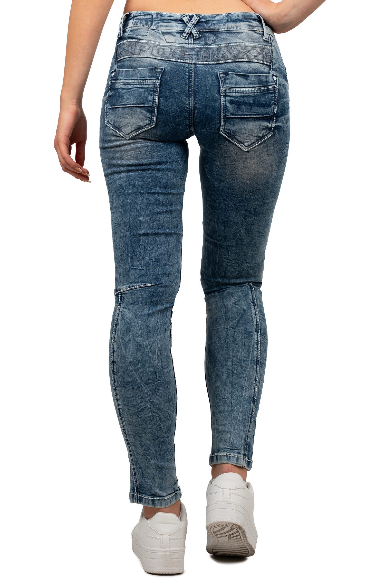 Cipo & Baxx Slim-fit-Jeans Damen Slim Fit Hose Stonewashed BA-WD322 im Biker Style mit Zippern und Ziernähten