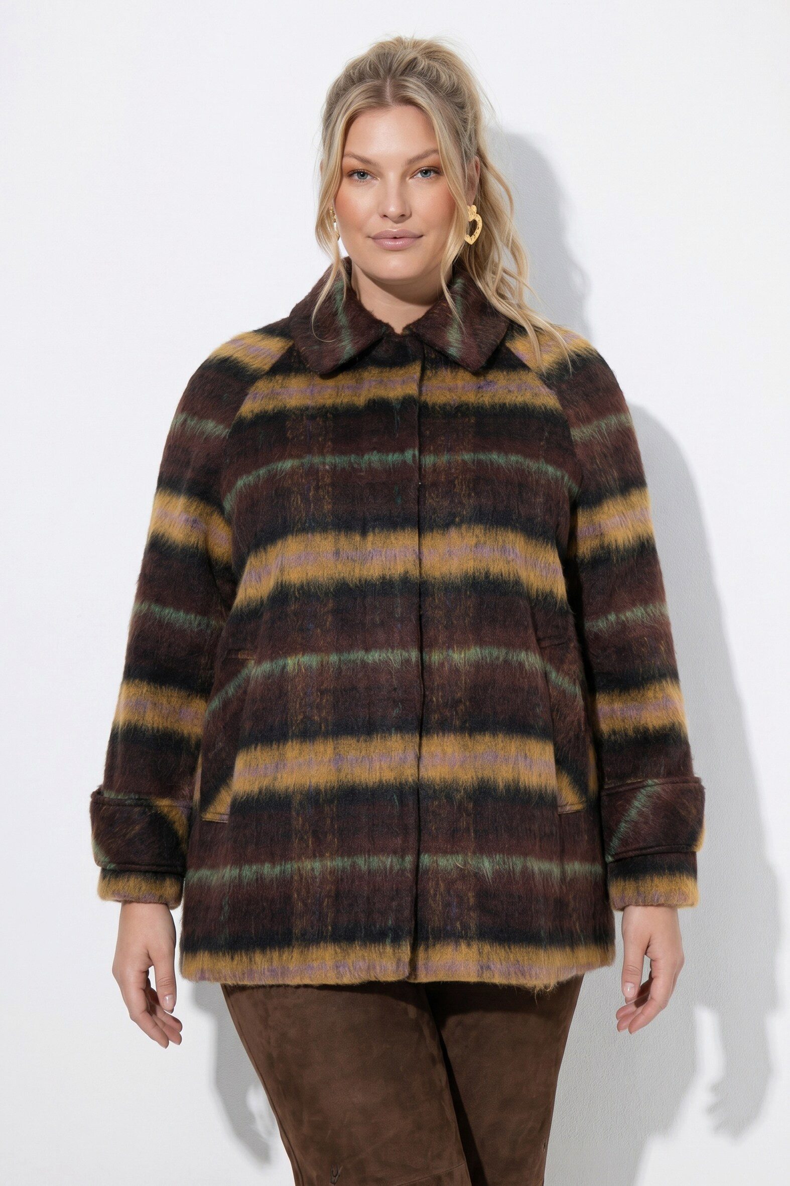 Ulla Popken Outdoorjacke Jeacke Karomuster A-Linie Hemdkragen