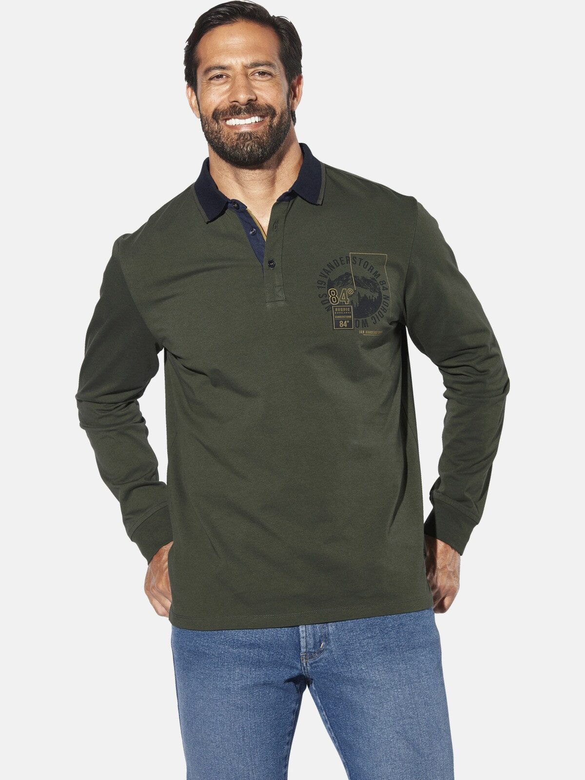 Jan Vanderstorm Langarm-Poloshirt OLSLAND mit großem Brust-Print günstig online kaufen