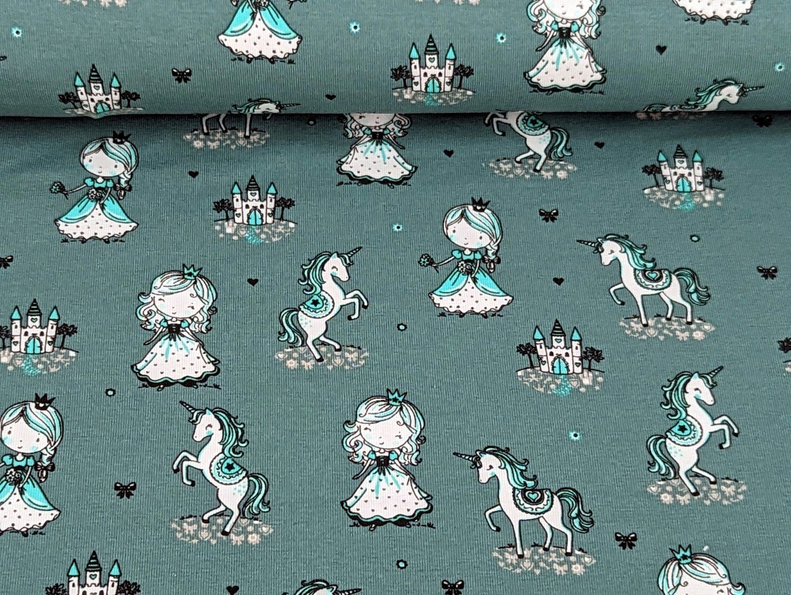 Thumbnail - Corileo Stoff Baumwolljersey Prinzessin Einhorn auf Dark Dusty Mint Stoff