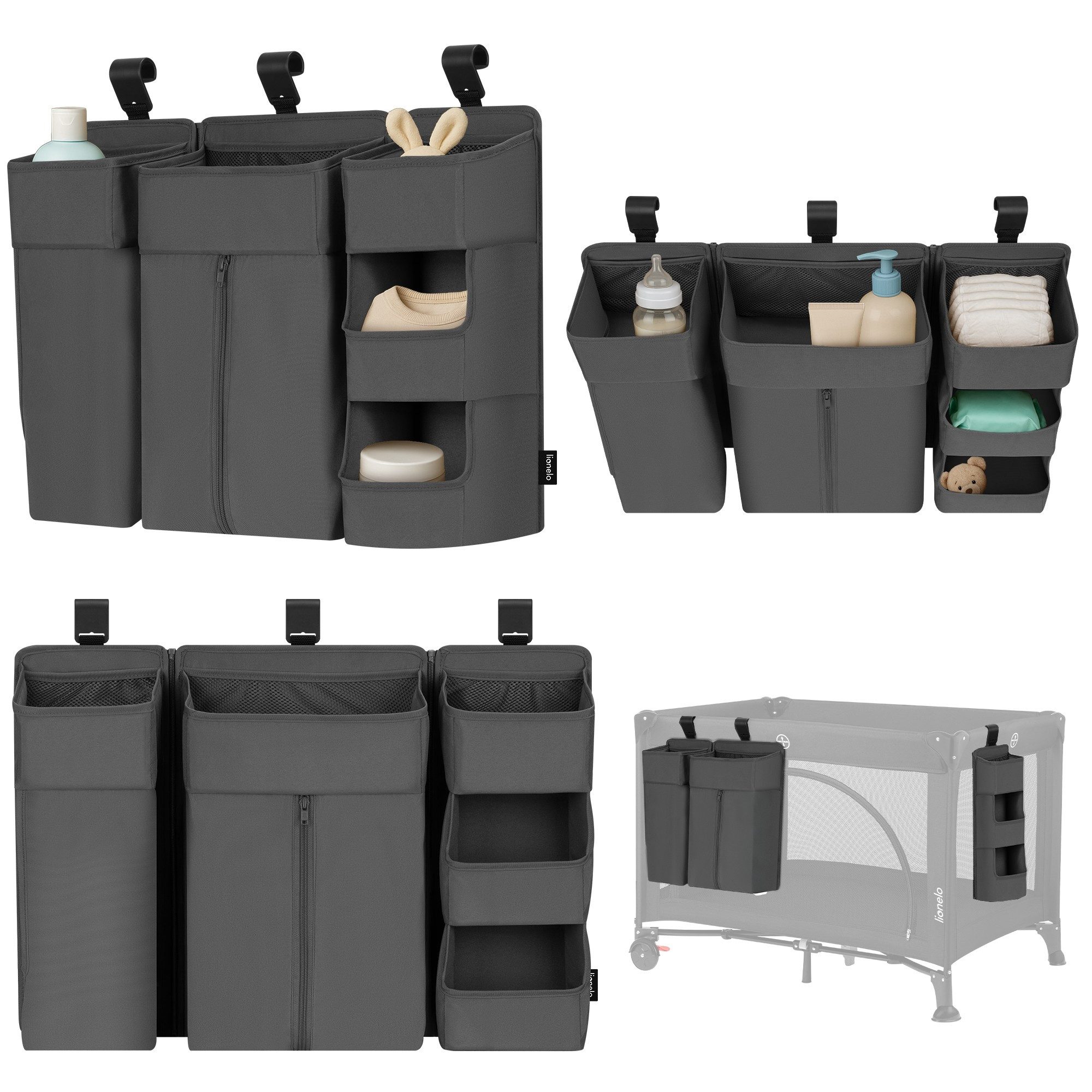 lionelo Betttasche SIDEPOCKET LARGE (Set, Set), 3Teile/modulareStruktur/Haken&Klett/PP-Platten/weiche Kanten