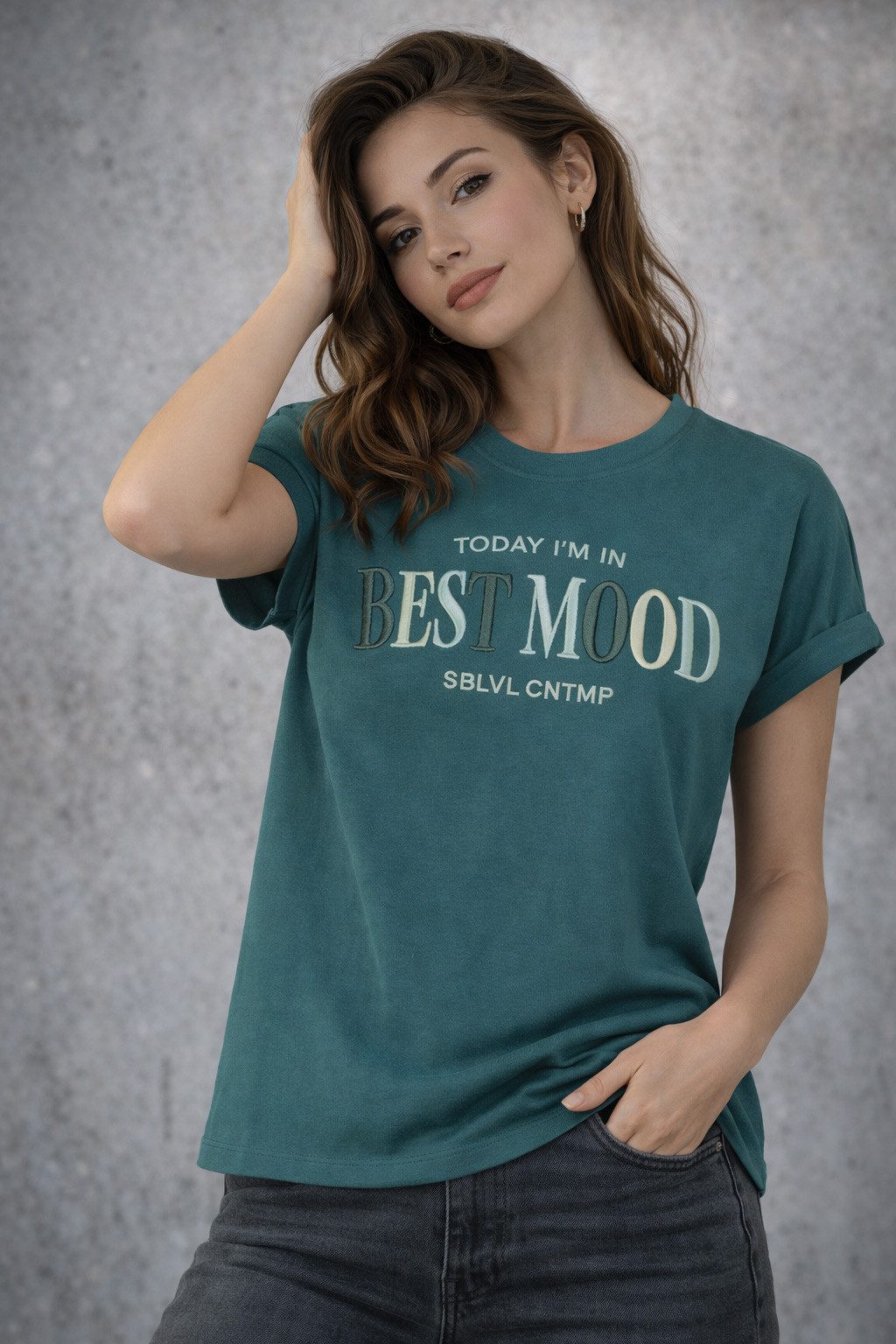 SUBLEVEL T-Shirt Damen Shirt Turn-Up Ärmel Weiches Basic Shirt Rundhals Kurzarm Baunwolle Modal Mix, super soft, unifarben, markenlogo – Bild 2 von 5