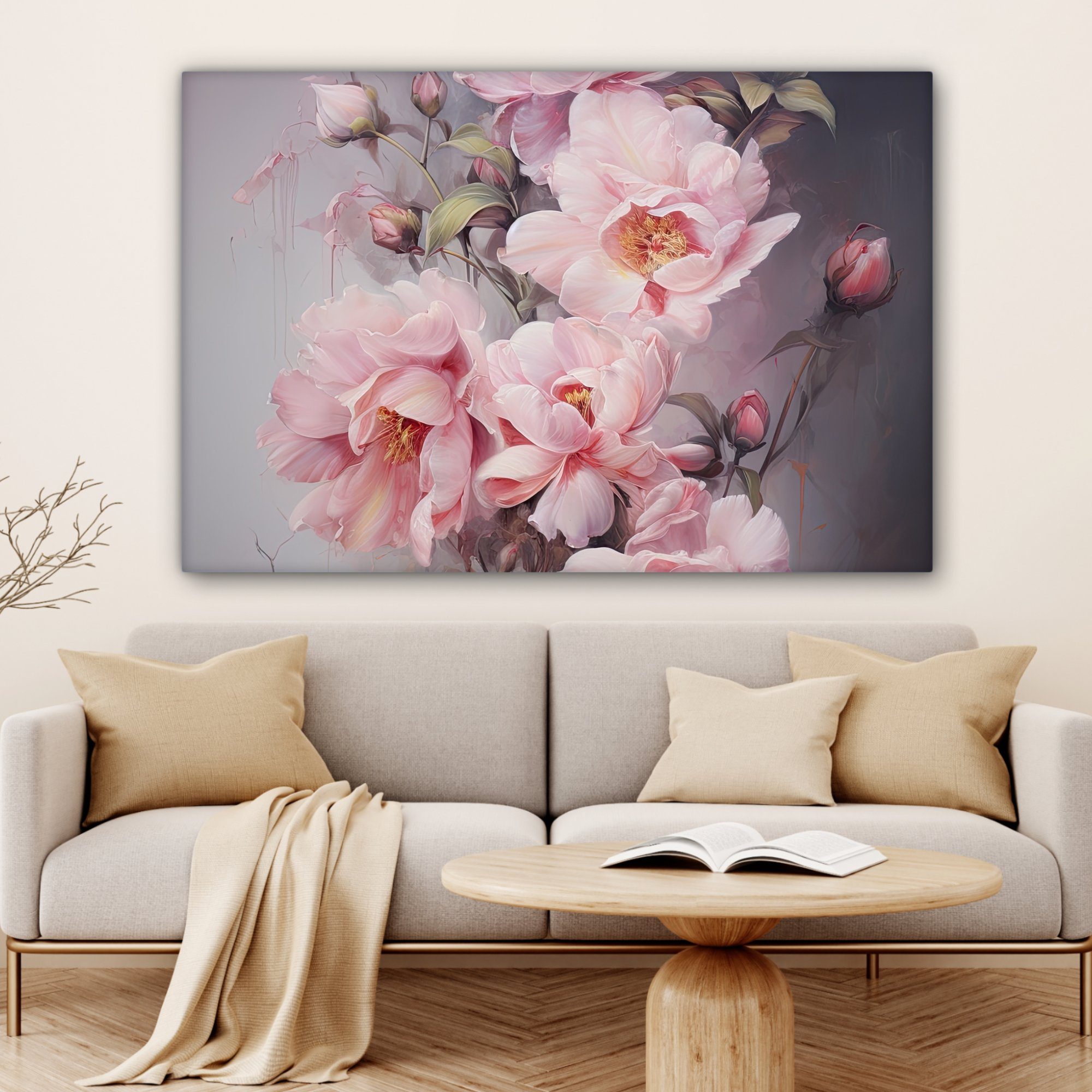 Leinwandbild - Rosa Rosen XXL, St), - (1 Blumen OneMillionCanvasses® Wohnbereiche, Aquarell, - 120x80 für großes, cm Gemälde, Kunst alle - Wandbild