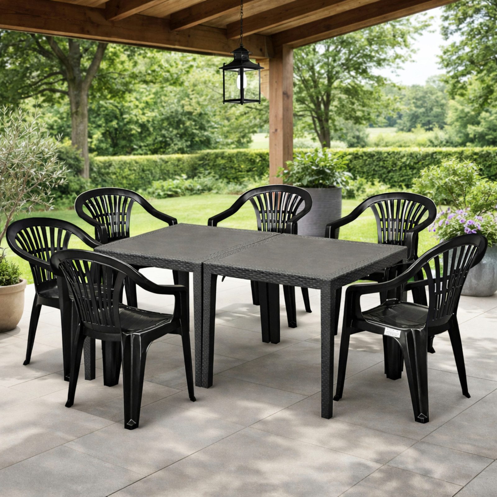 Koopman Sitzgruppe Sitzgruppe Gartentisch Gartenstuhl Stapelstuhl Gartenset 8tlg, (8-tlg), 2 Tische, Kunststoff, 6 Stühle, Witterungsbeständig, Rattan-Optik