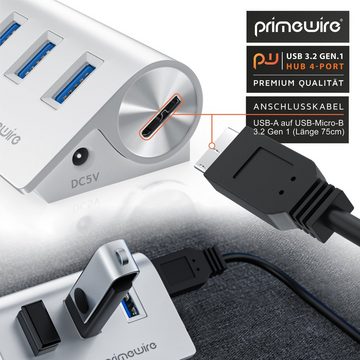 Primewire USB-Adapter, 4 Port USB 3.2 Gen1 Hub, Datenhub, Aluminiumgehäuse, Netzteilanschluss