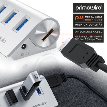 Primewire USB-Adapter 1× USB Typ A Stecker zu 4 x USB 3.2 Gen2 Buchse, 4 Port USB 3.2 Gen2 Hub Aktiv Verteiler mit Netzteil, Alugehäuse