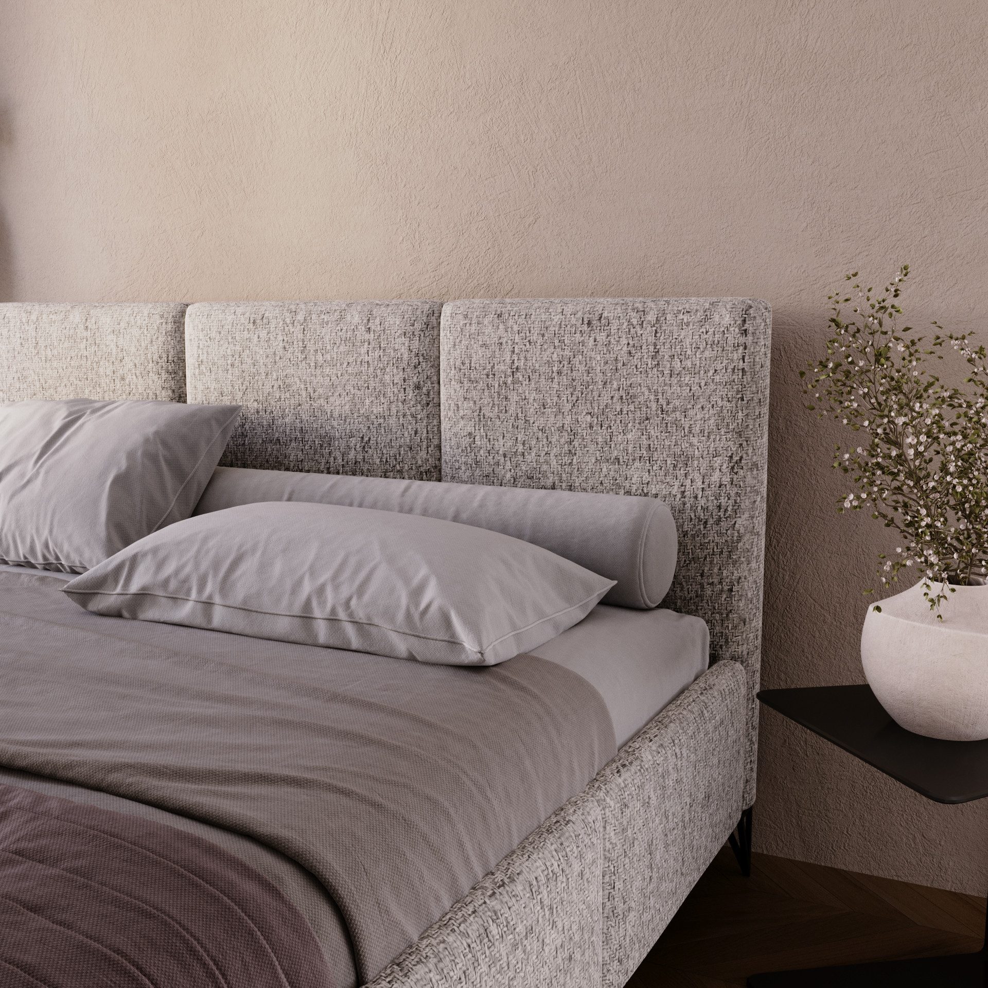 Compleo Polsterbett auf hohen Füße, geflechtartiger Stoff im Retro-Stil, Designerbett