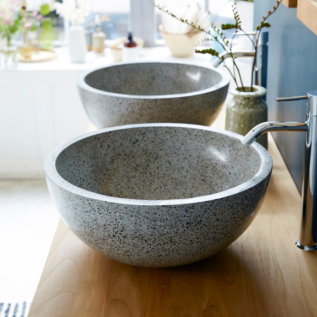 Tikamoon Waschbecken Terrazzo Waschbecken Aufsatzwaschbecken für das Badezimmer Isa grau