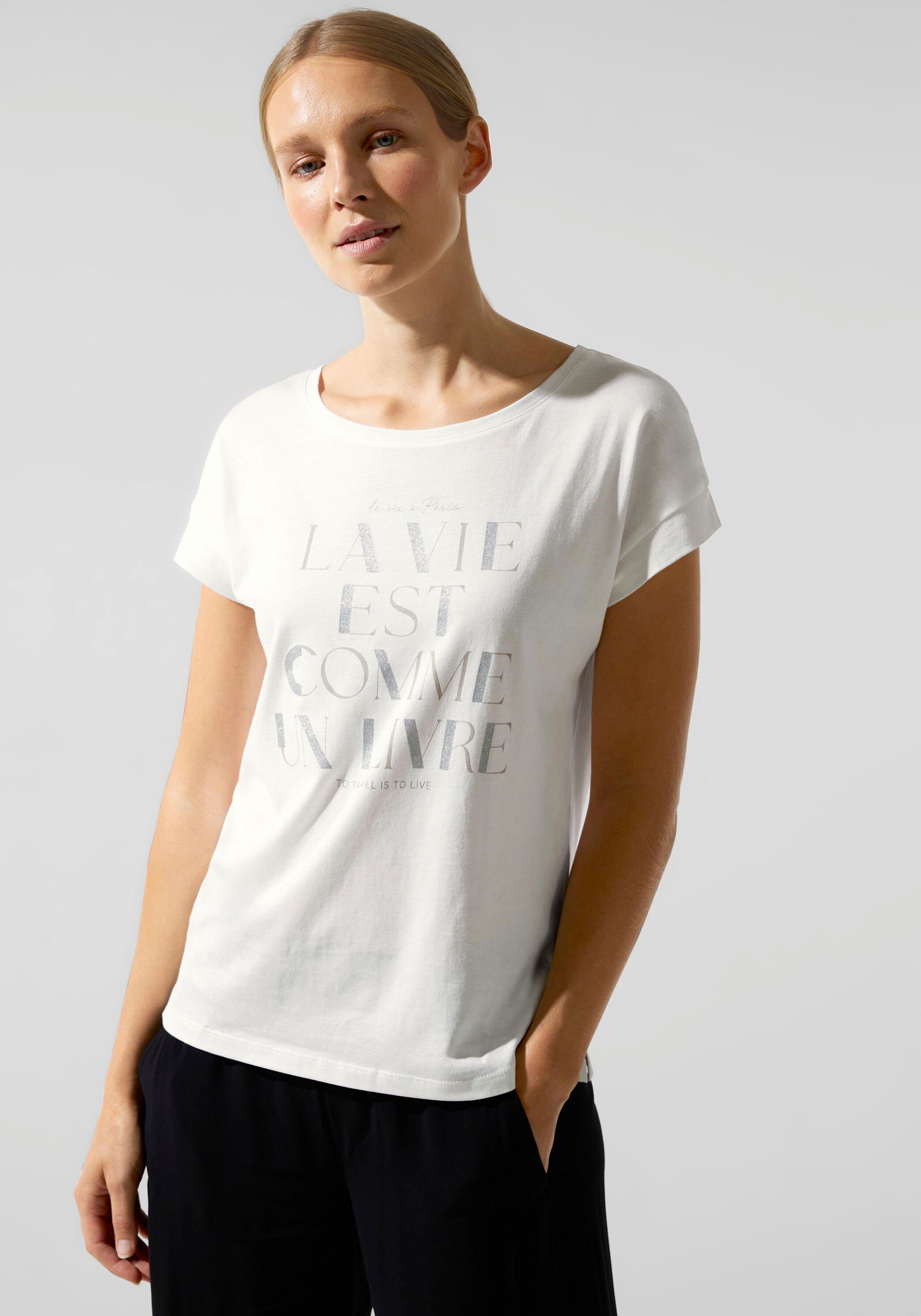 mit white Frontprint STREET ONE off schimmerndem Shirttop