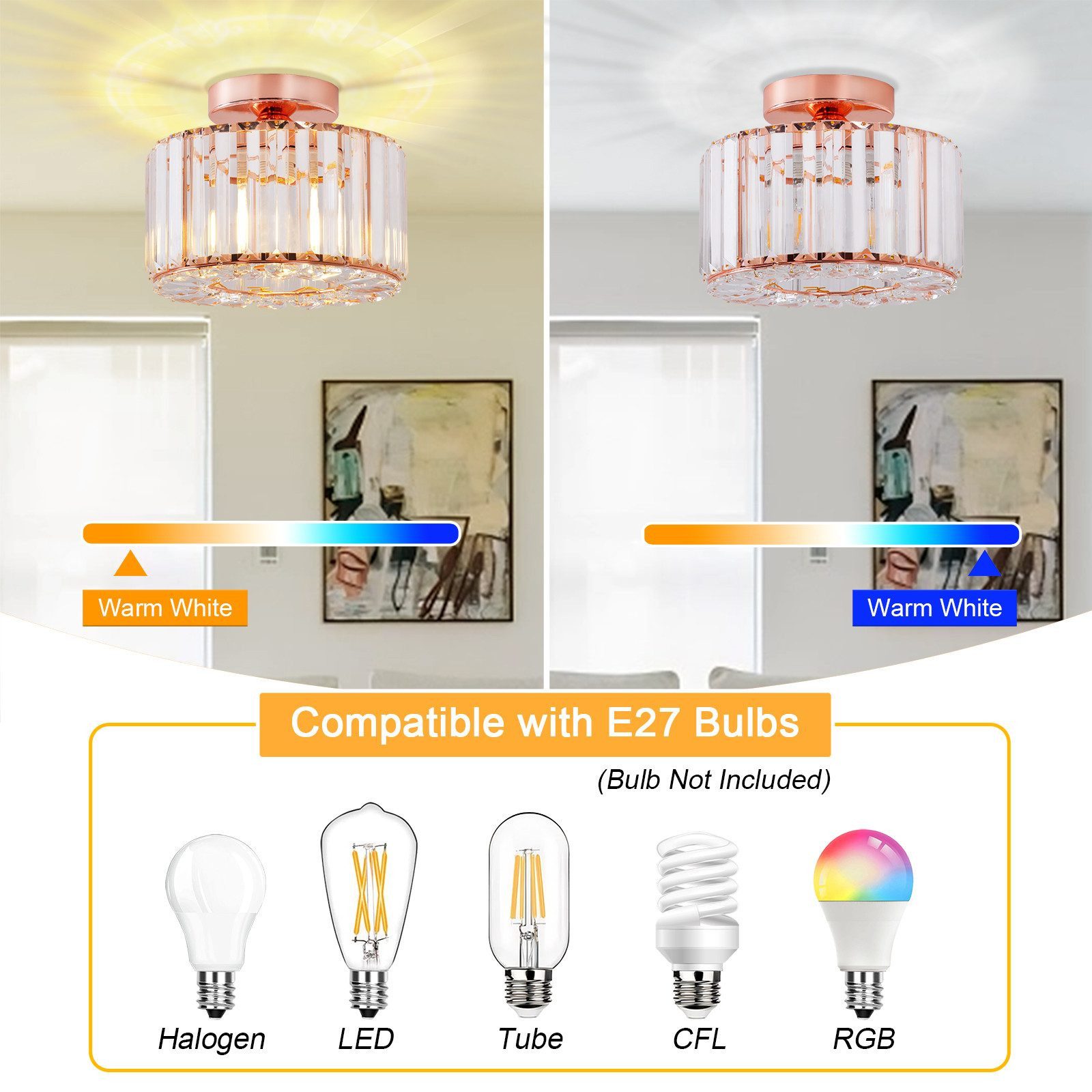 Ophy LED Deckenleuchte Moderner Kristall-Kronleuchter (halbaufgesetzt) mit Glasschirm, E27-Fassung, für Wohnzimmer, Schlafzimmer, Küche, Flur & Bad