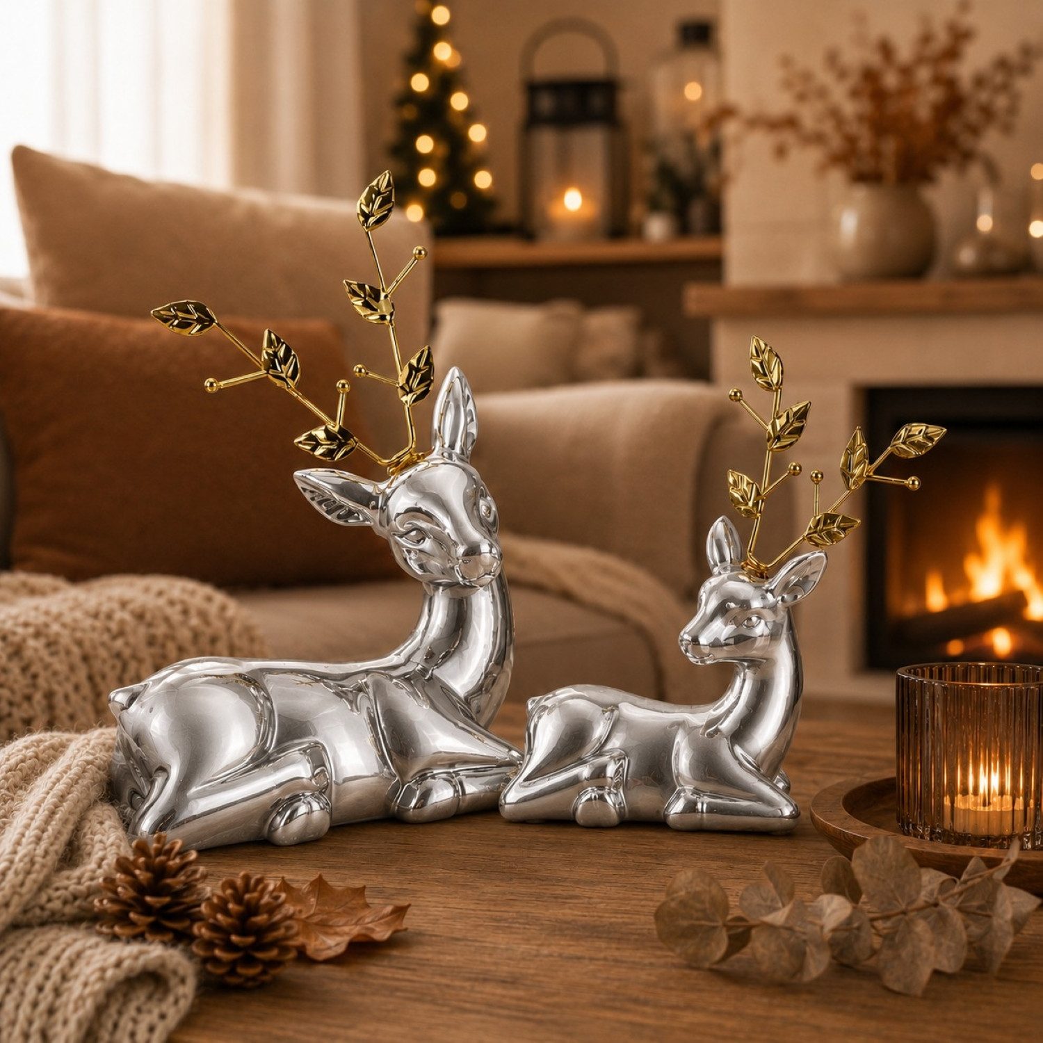 Online-Fuchs Dekofigur 2 Hirsche in Silber aus Keramik - moderne Deko für Herbst & Winter (17 und 21 cm groß, Tischdeko), filigranes Geweih aus goldfarbigen Blättern