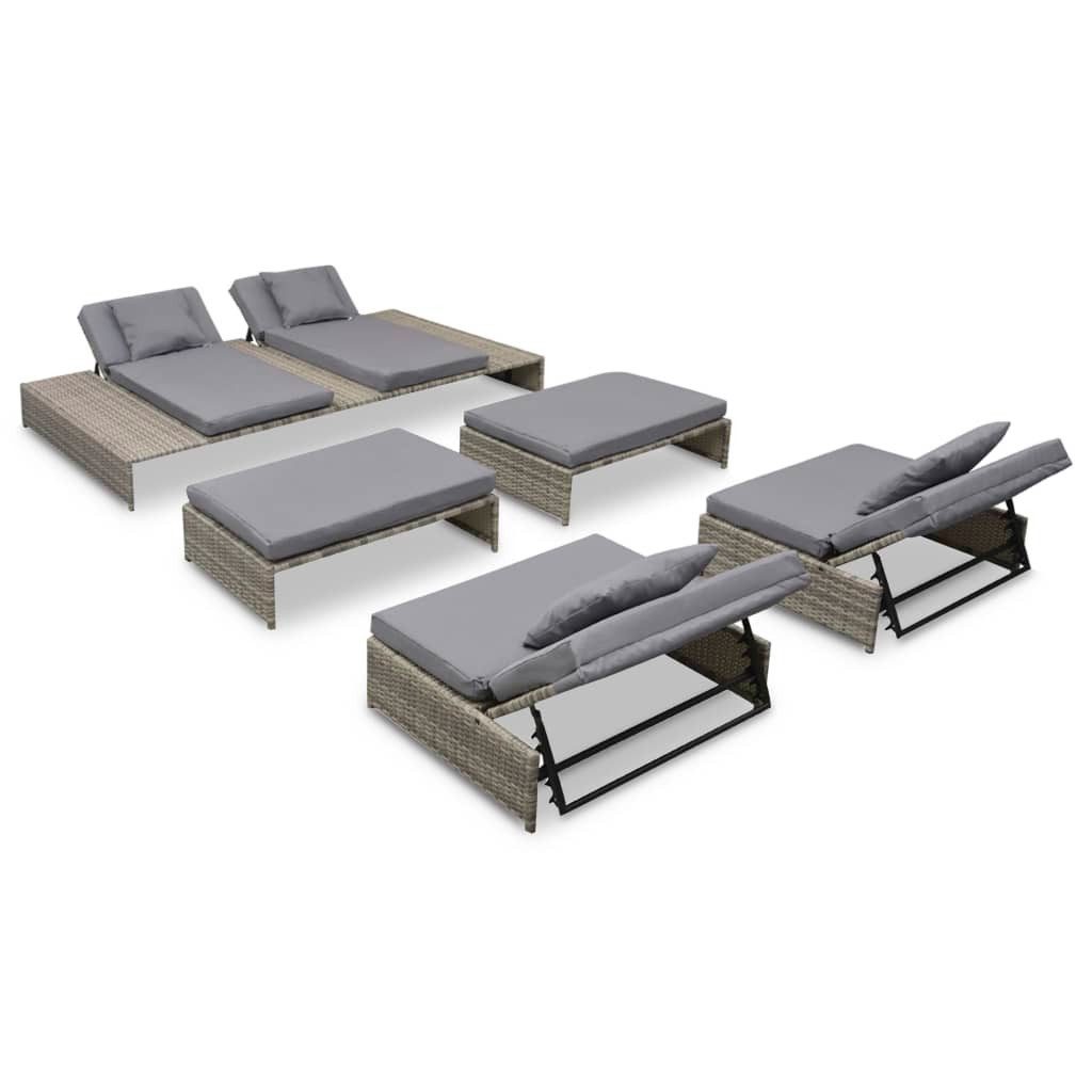 vidaXL Gartenlounge-Set 5-tlg. Garten-Lounge-Set mit Auflagen Poly Rattan Grau, (5-tlg)