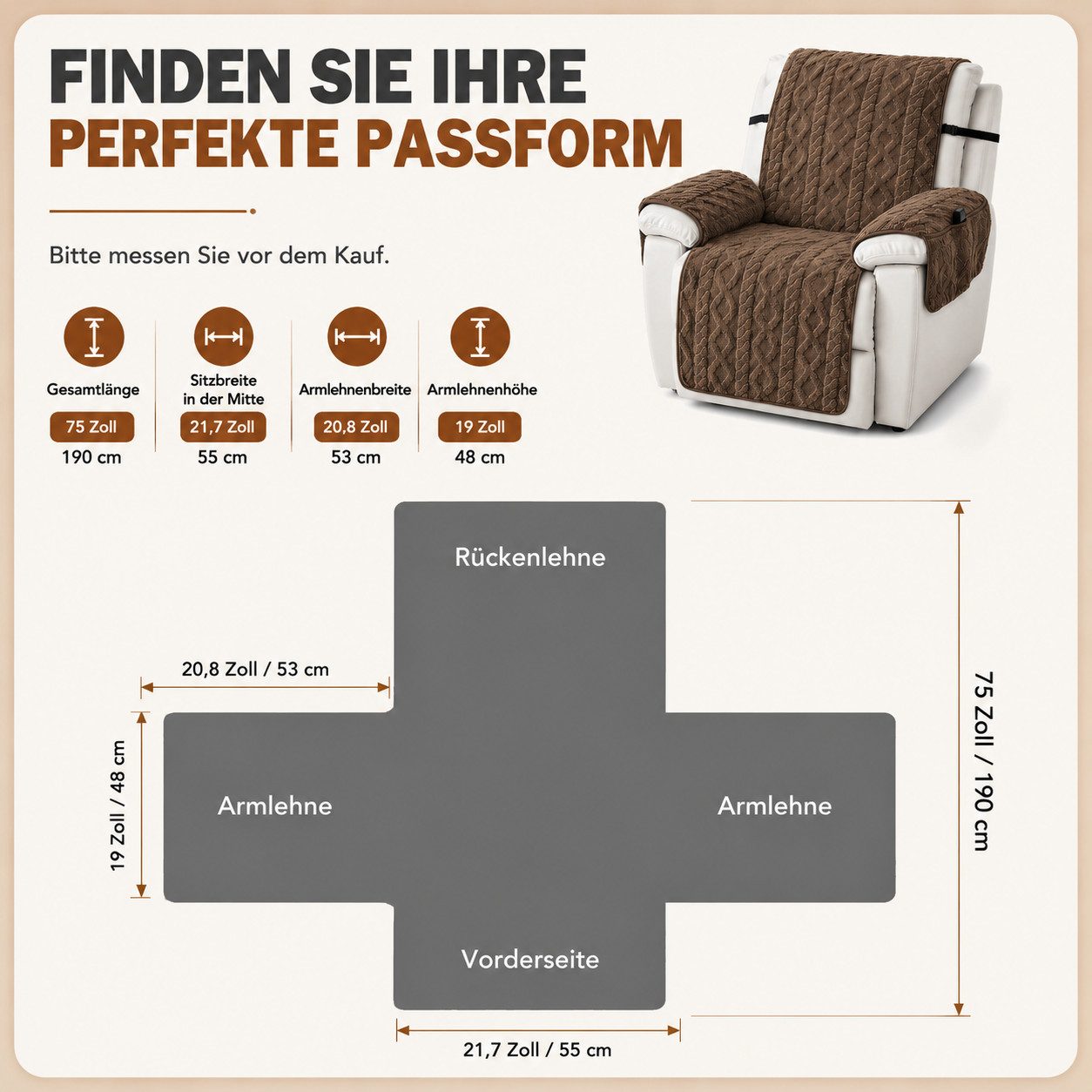BlingBin Sesselschoner Sofa Armlehnenbezüge für Relaxsessel, Sessel Überzug Rutschfest, Schonbezug Sessel Fernsehsessel mit Taschen,für Senioren Haustieren – Bild 3 von 5