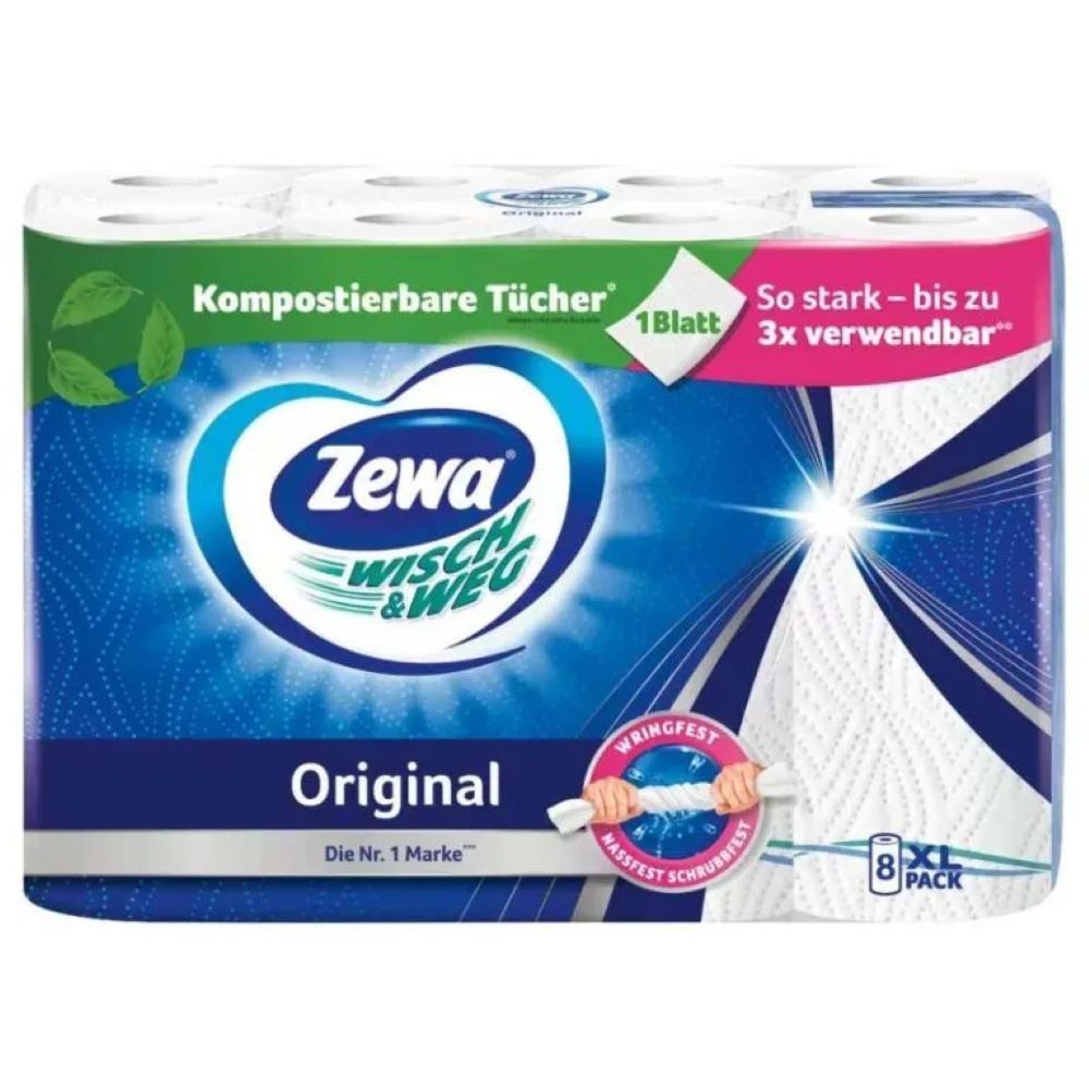 ZEWA Papierküchenrolle Küchenrollen WISCH&WEG Original 2-lagig (Packung 8-St. 8er Pack), nassfest für Vielseitigkeit, recycelbar für Umweltbewusstsein