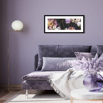 artissimo Bild mit Rahmen Bild gerahmt 71x30cm Design-Poster mit Rahmen länglich schwarz lila, Bkumen und Blüten: Vintage Bouquet