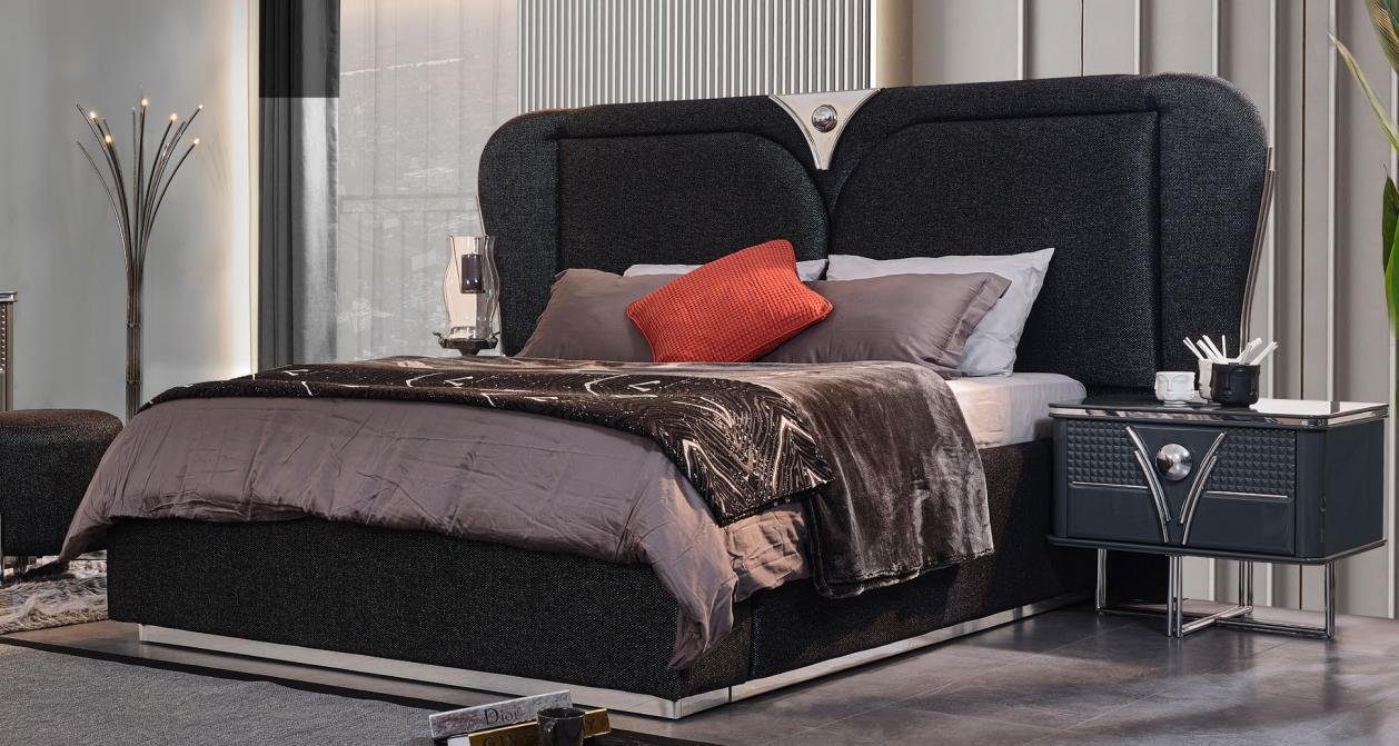 JVmoebel Schlafzimmer-Set Graue Schlafzimmer Garnitur Luxus Bett Nachttische 3tlg Stoffmöbel, (3-St., Bett/2x Nachttische), Made in Europa