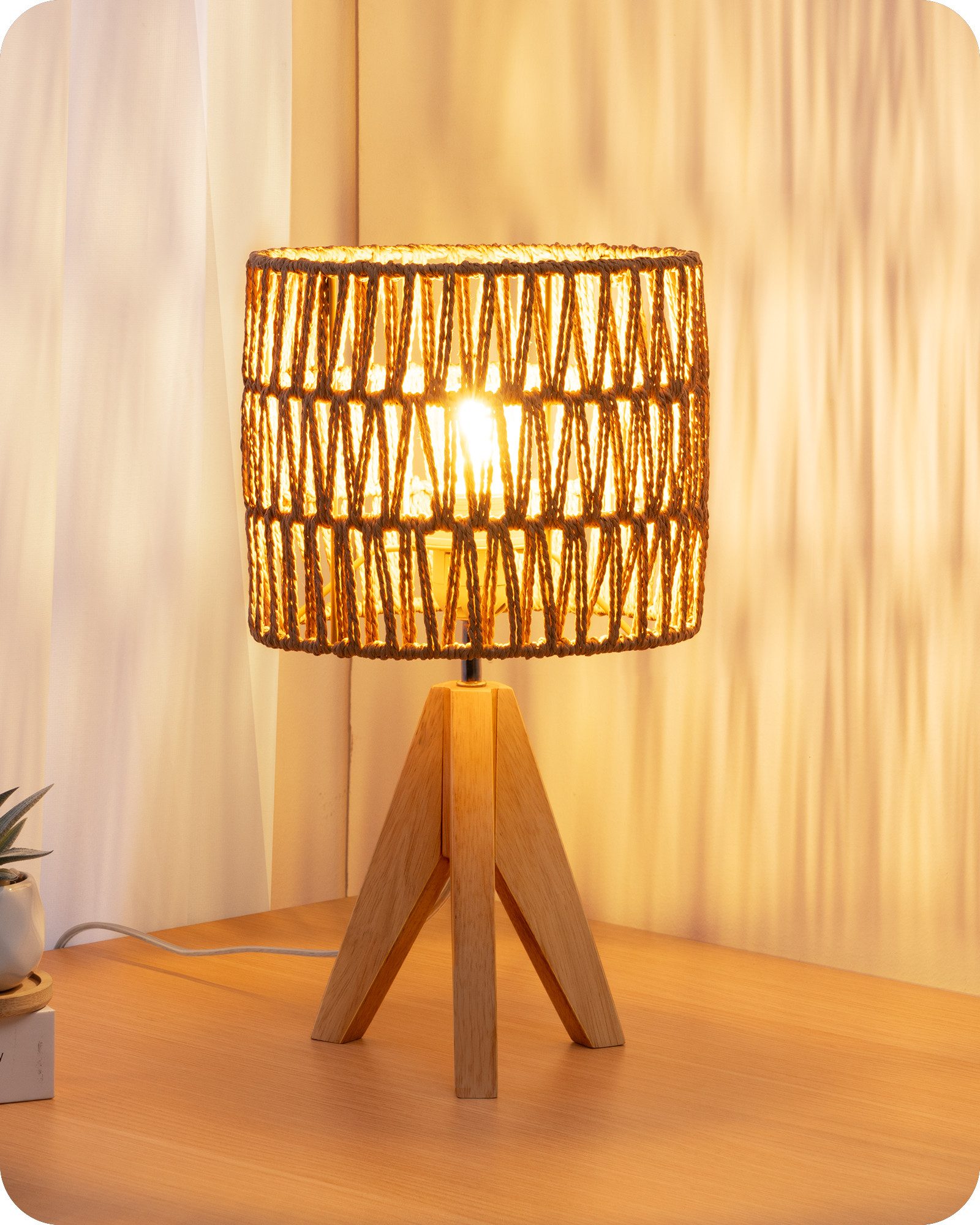 EDISHINE LED Nachttischlampe mit Seil-Lampenschirm, LED wechselbar, Warmweiß, Tischlampe mit Leuchtmittel, Boho Tischleuchte für Schlafzimmer