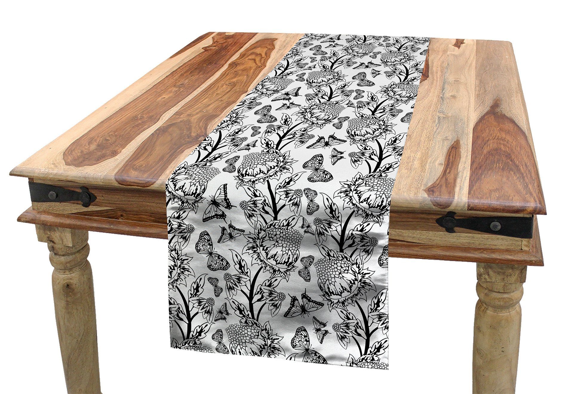 Abakuhaus Tischläufer Esszimmer Küche Rechteckiger Dekorativer Tischläufer, Schwarz und weiß Floral ornamental Design